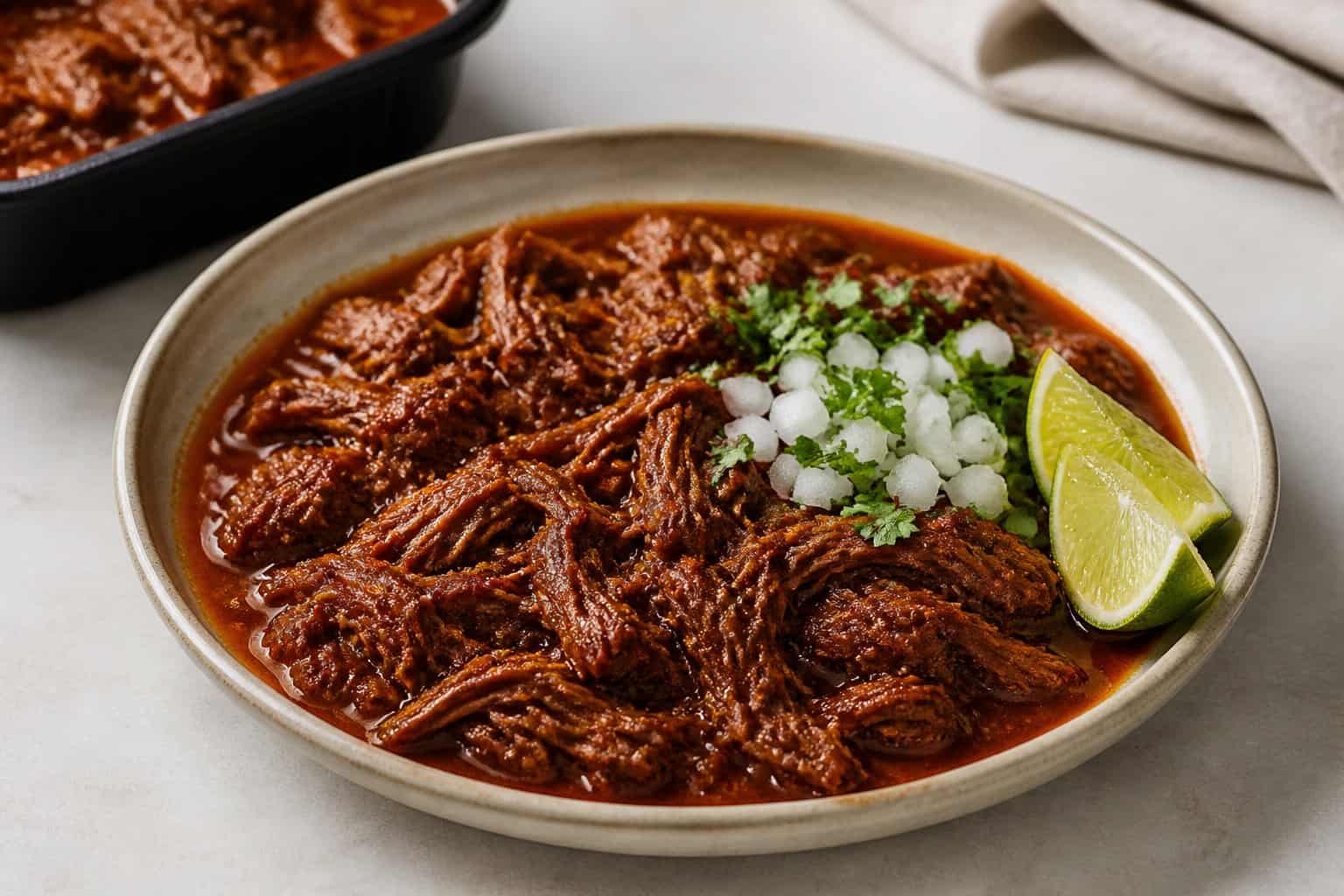 A bowl of shredded beef birria in rich red consommé topped with onion and cilantro, with a lime wedge beside it.