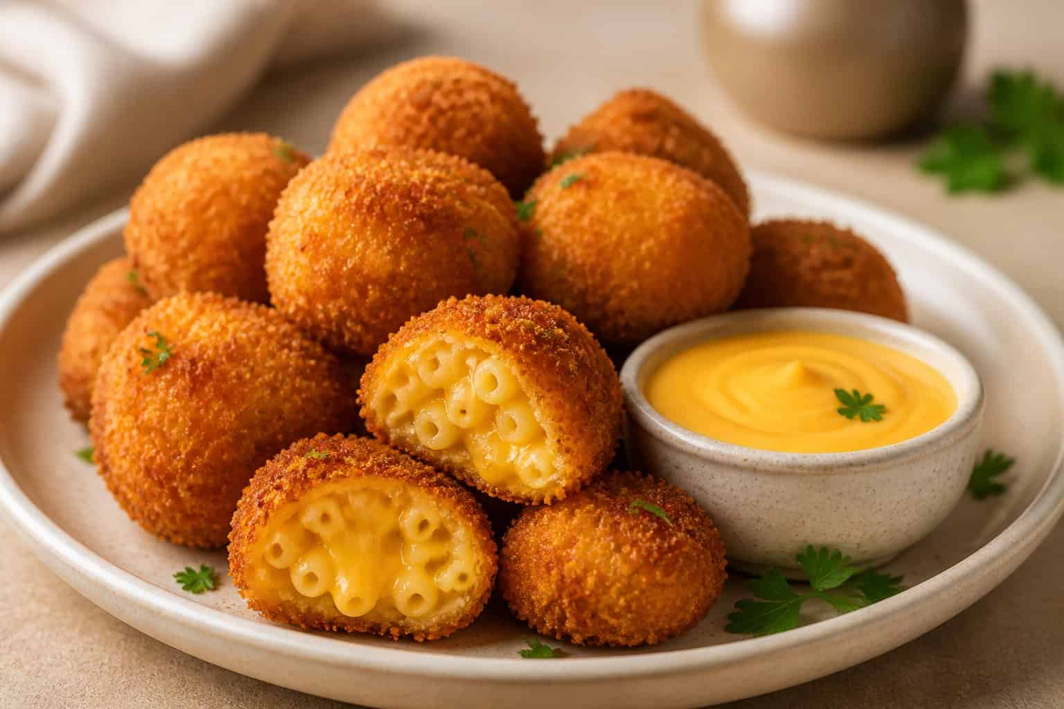 Golden macaroni and cheese bites served on a plate with cheese sauce.