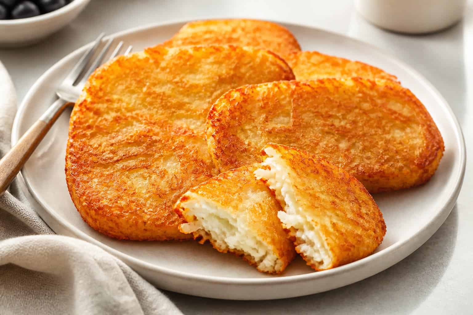 A plate of golden-brown hash brown patties on a kitchen countertop.