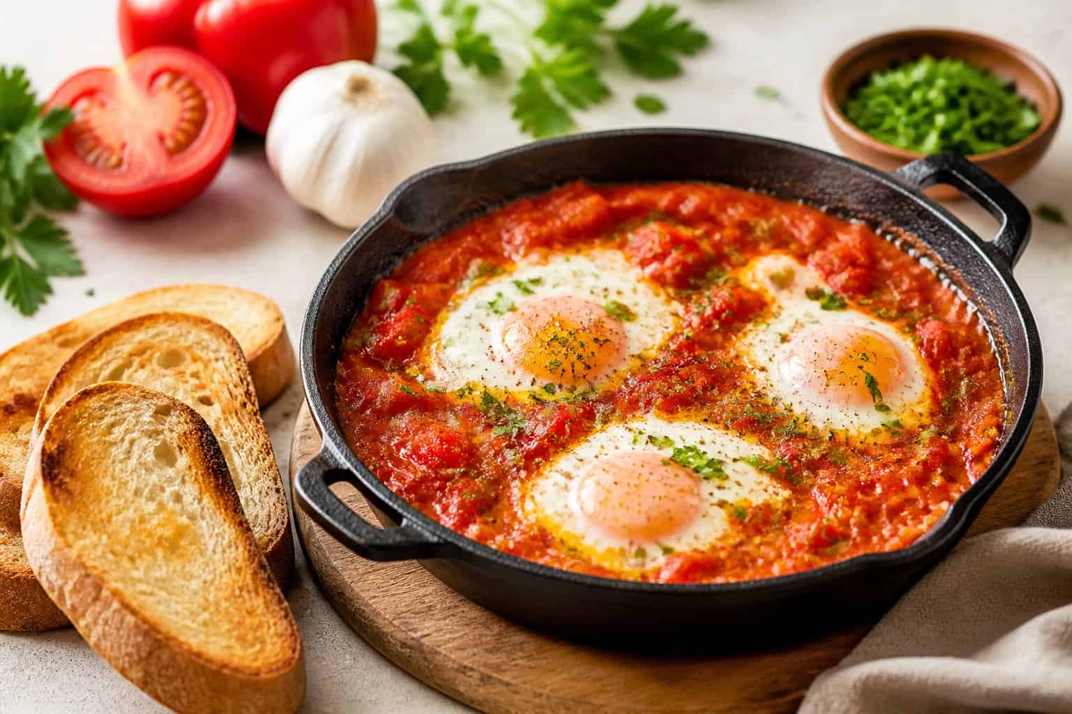 A skillet of poached eggs in tomato and pepper sauce with toasted bread and fresh herbs.