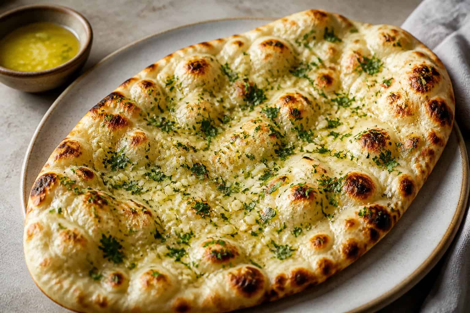 A warm, golden garlic naan with browned spots and cilantro on a ceramic plate.
