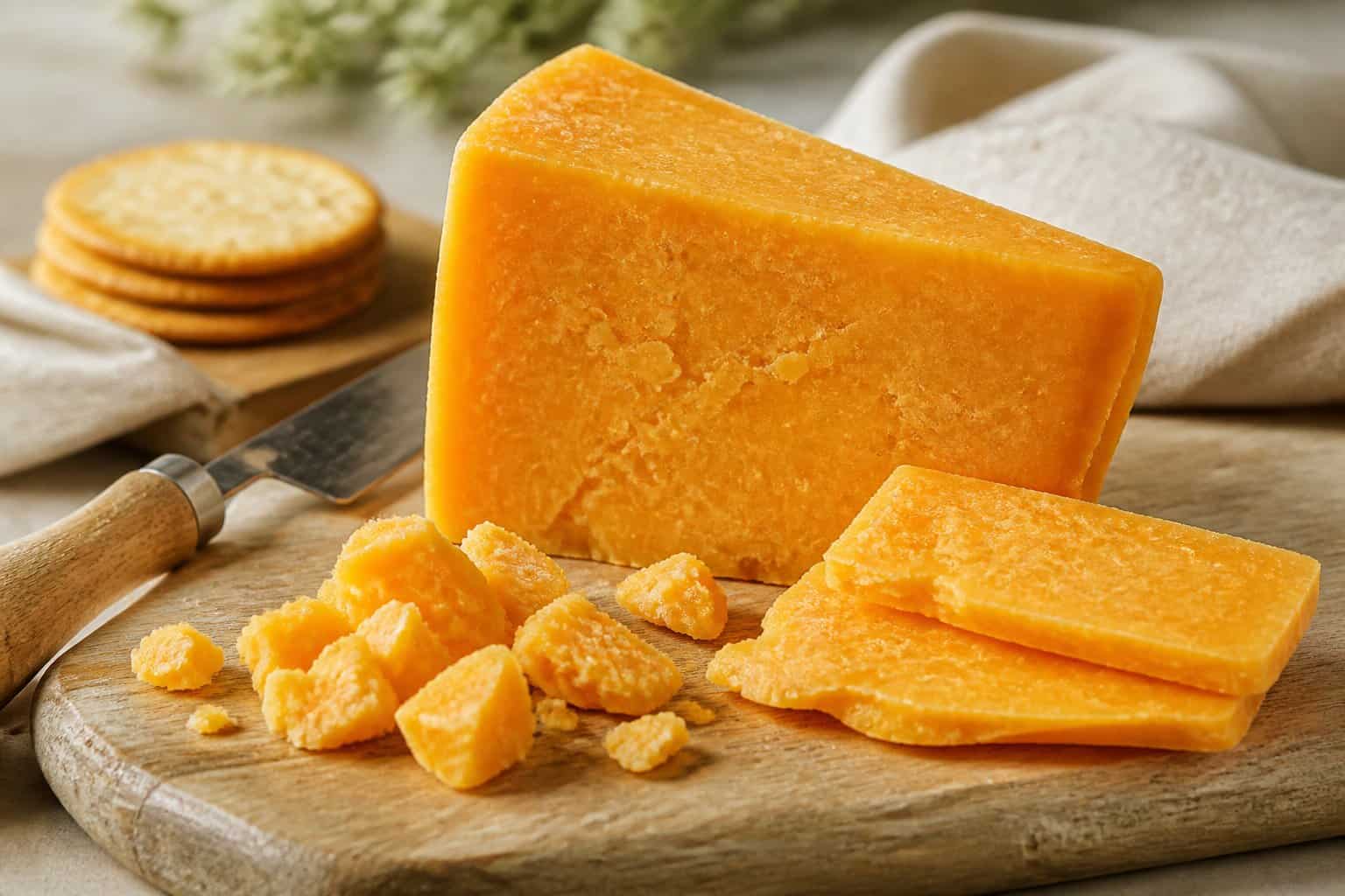 A wedge of golden cheddar cheese with slices and crumbles on a wooden cheeseboard.