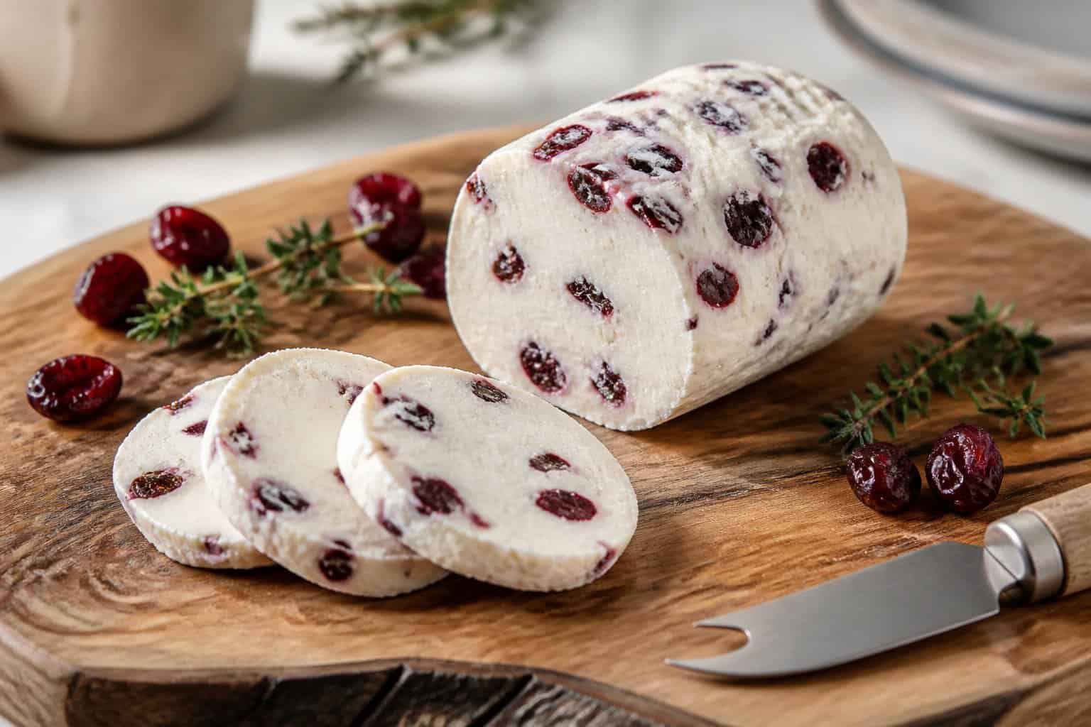 A round of cranberry-studded goat cheese with sliced pieces on a wooden serving board.