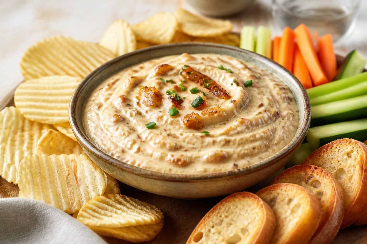 A bowl of creamy caramelized onion dip surrounded by potato chips, toasted bread, and vegetable sticks.