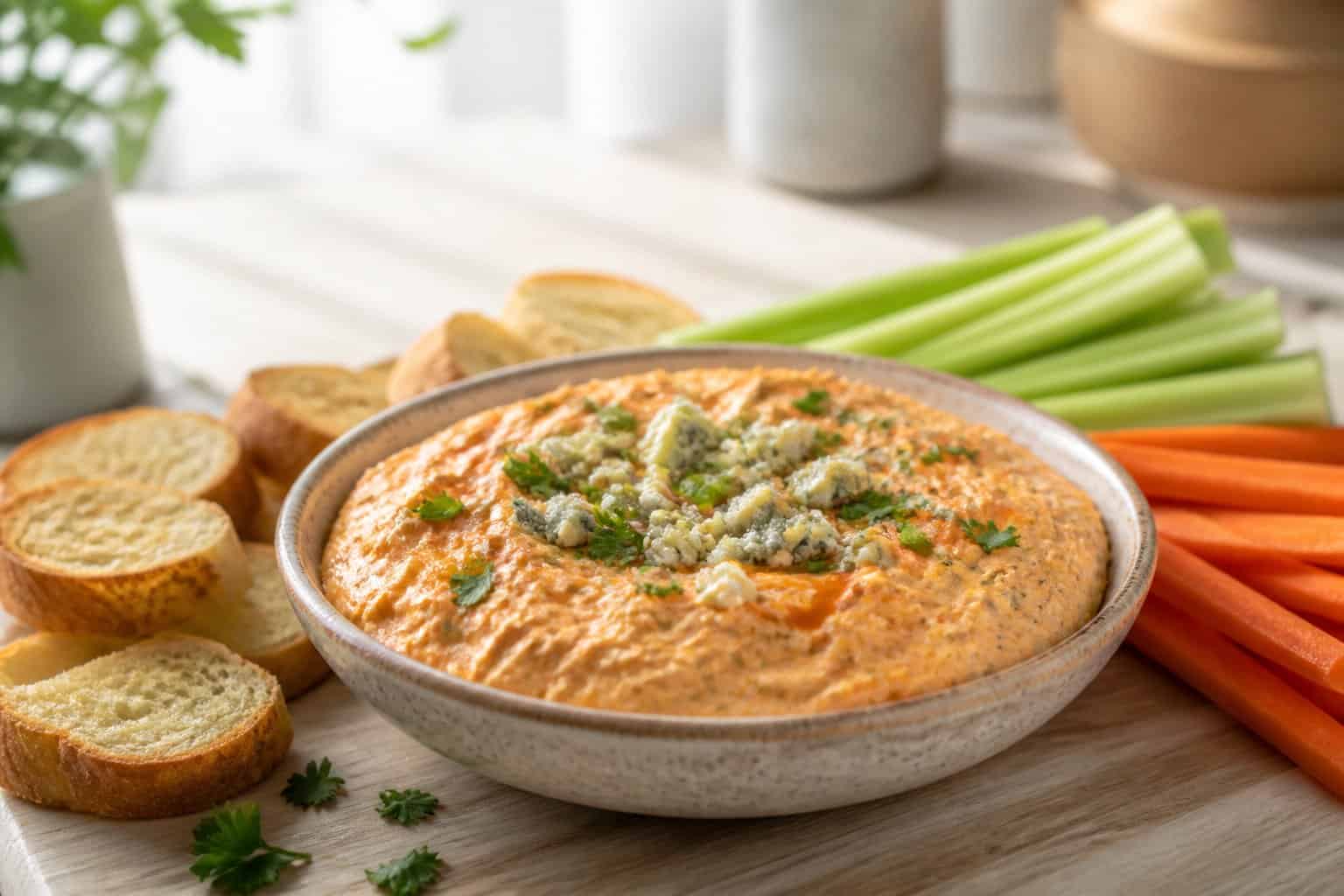 A bowl of creamy buffalo chicken dip surrounded by celery, carrots, and toasted bread slices.