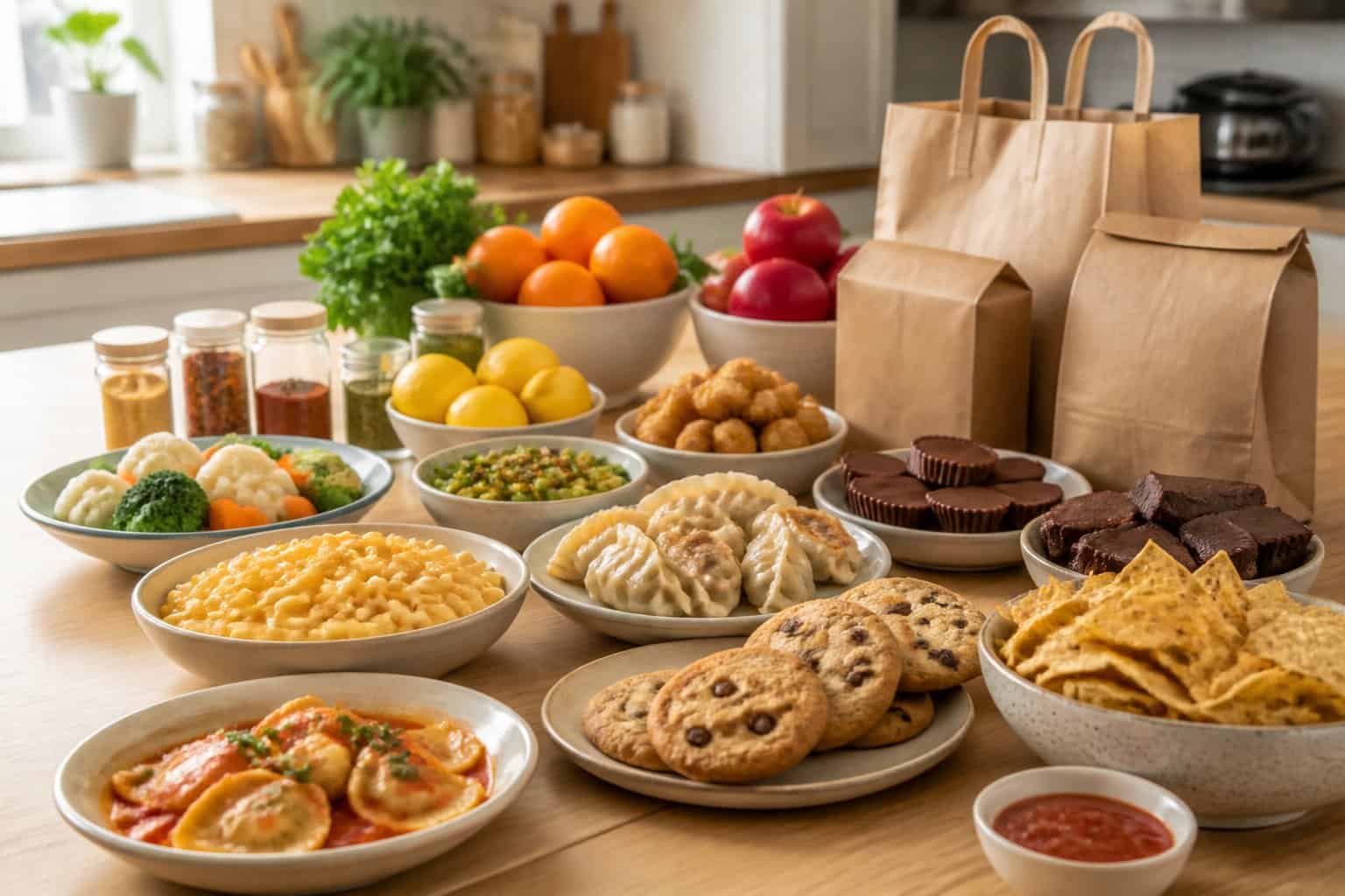 An assortment of snacks, prepared foods, produce, and dipping sauce arranged on a kitchen table.