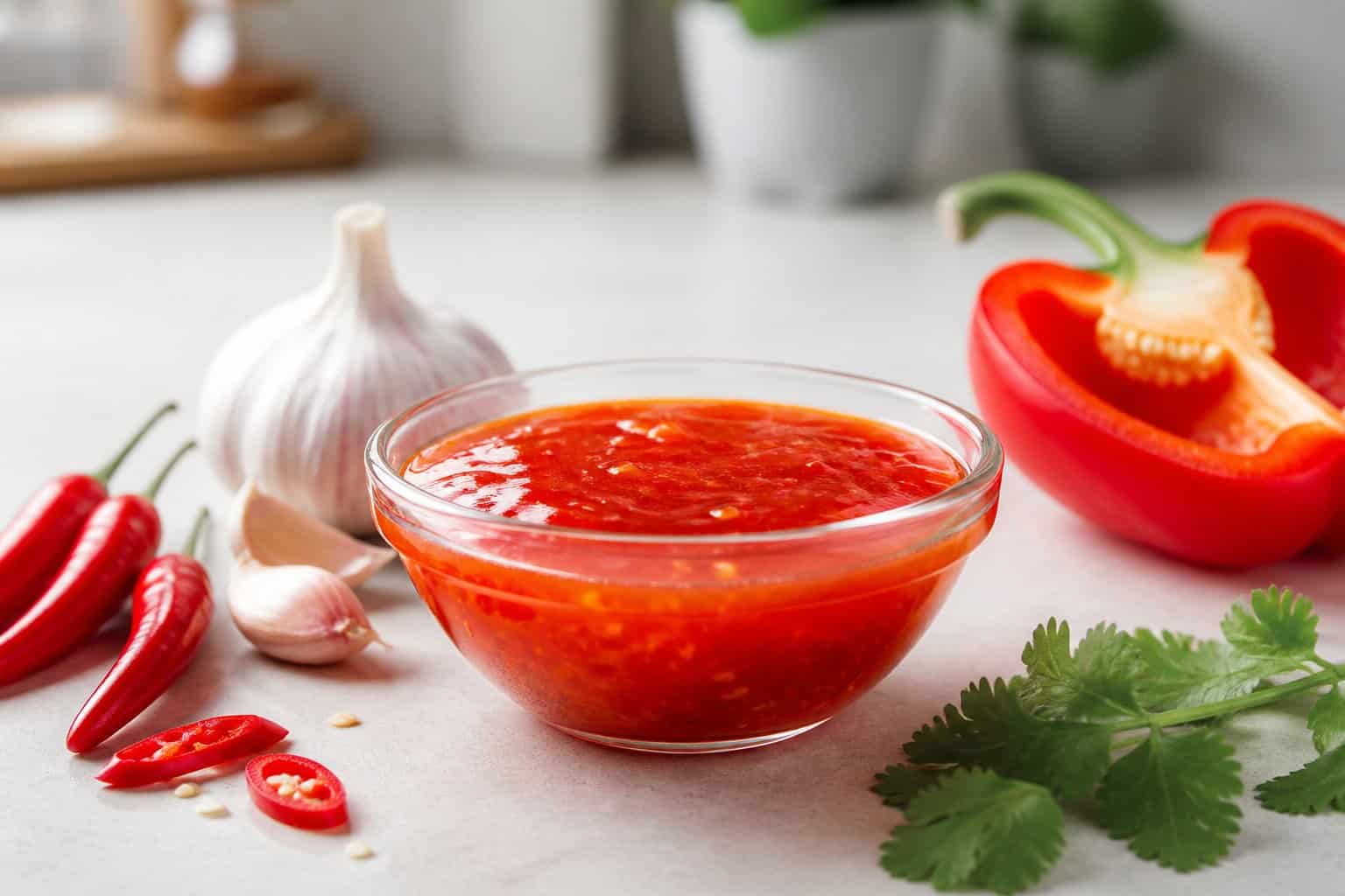 A glass bowl of bright red sweet chili sauce surrounded by fresh chilies, bell pepper, garlic, and cilantro.