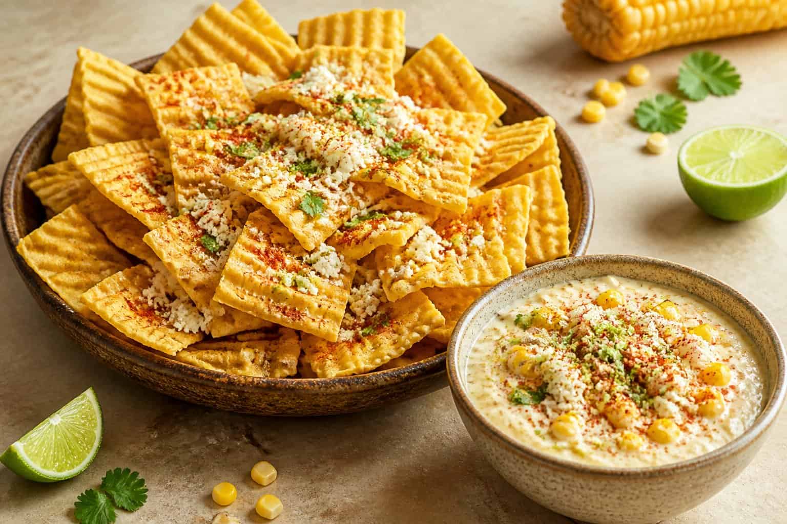 Golden corn chips with creamy elote dip, garnished with cheese, cilantro, chili, and lime.