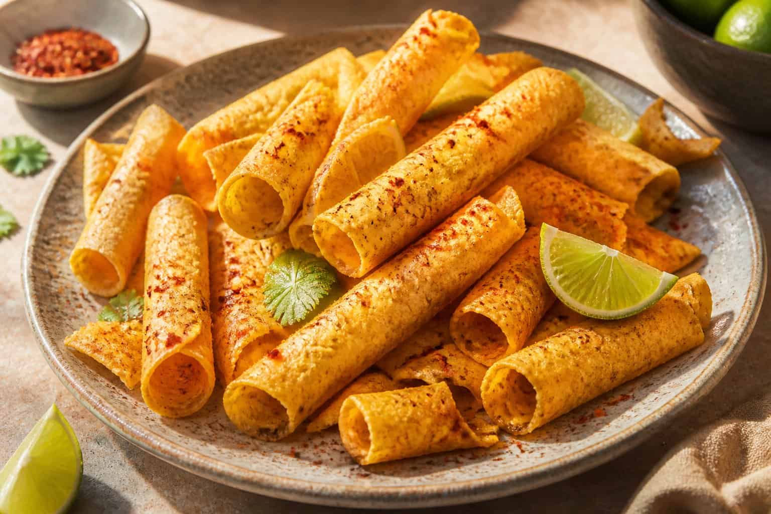 A plate of rolled corn tortilla chips with lime wedges and chili seasoning.