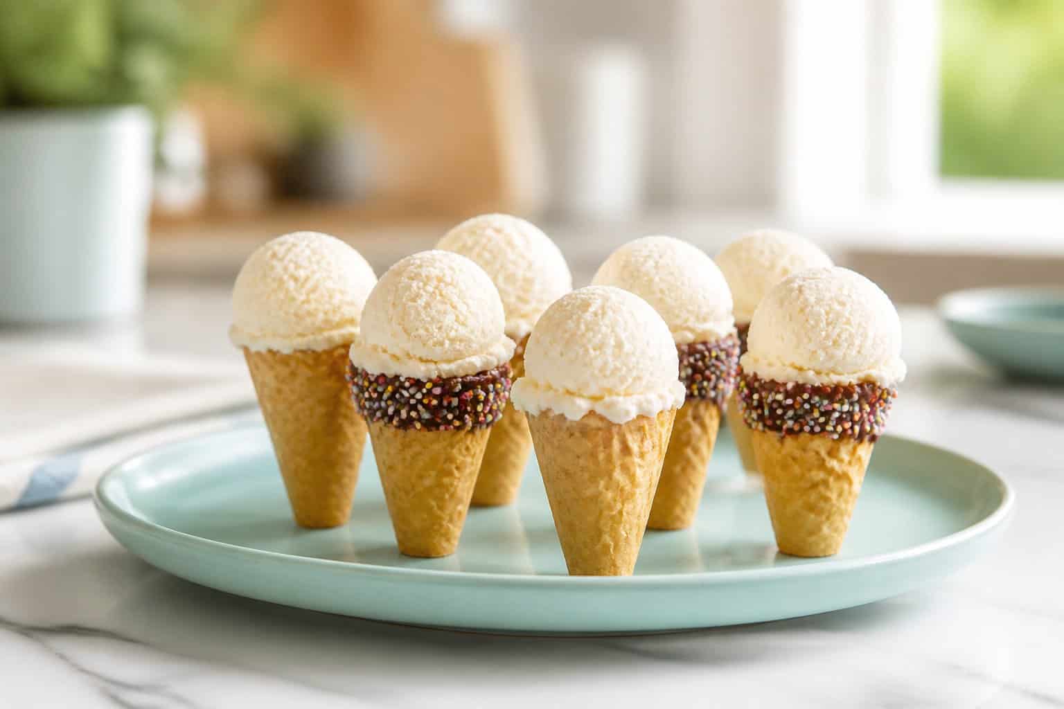 Several small waffle cones filled with scoops of ice cream arranged on a plate.