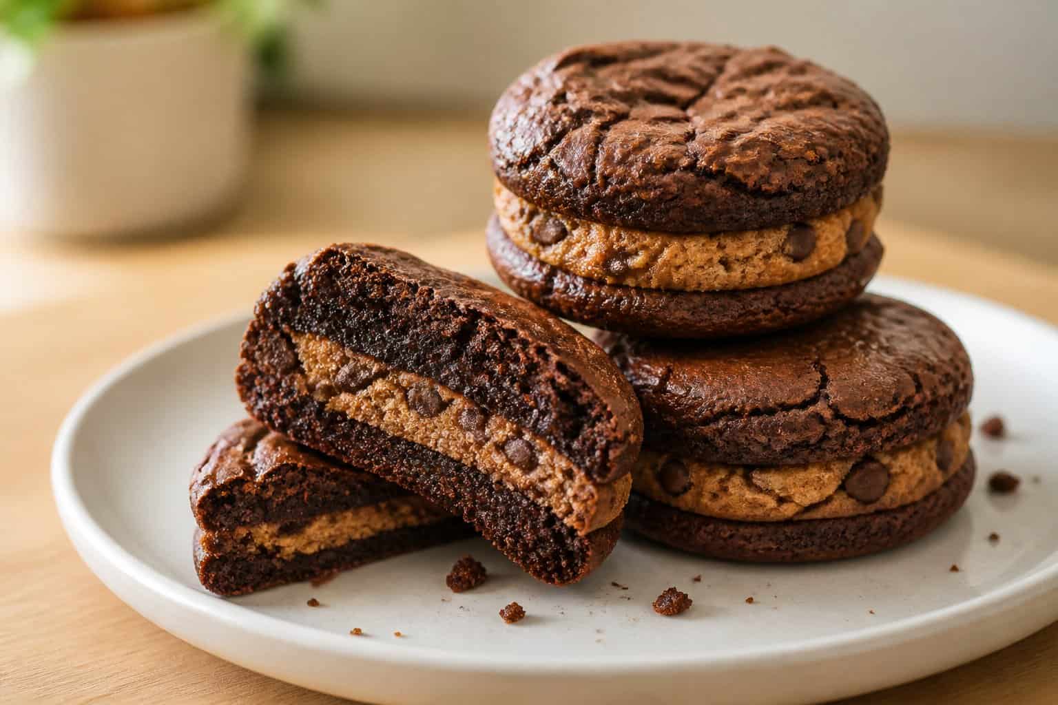 A stack of chocolate brownie-cookie sandwich treats on a plate, with one broken open to show its layers.