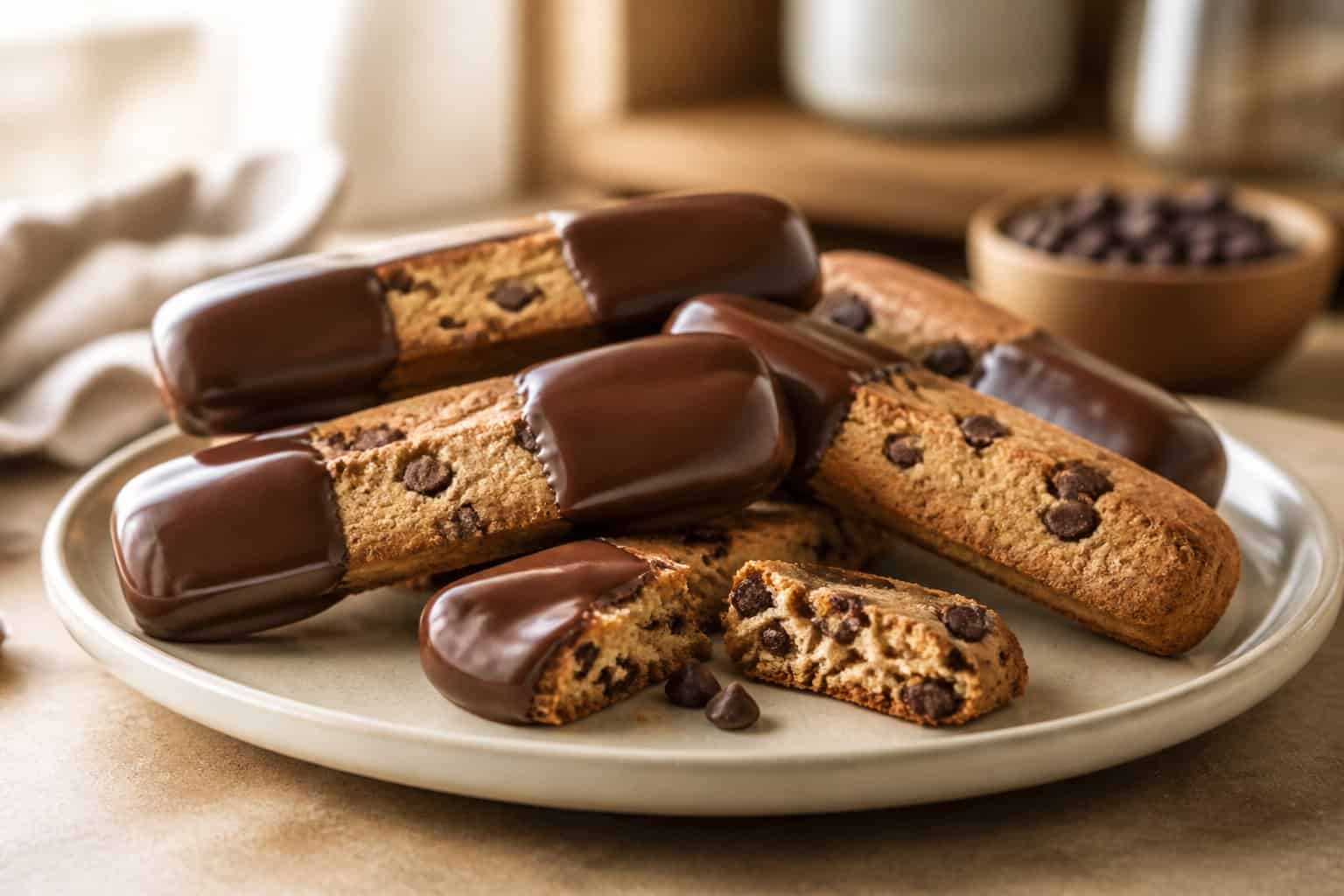 Chocolate-coated chocolate chip cookie dunkers arranged on a plate.