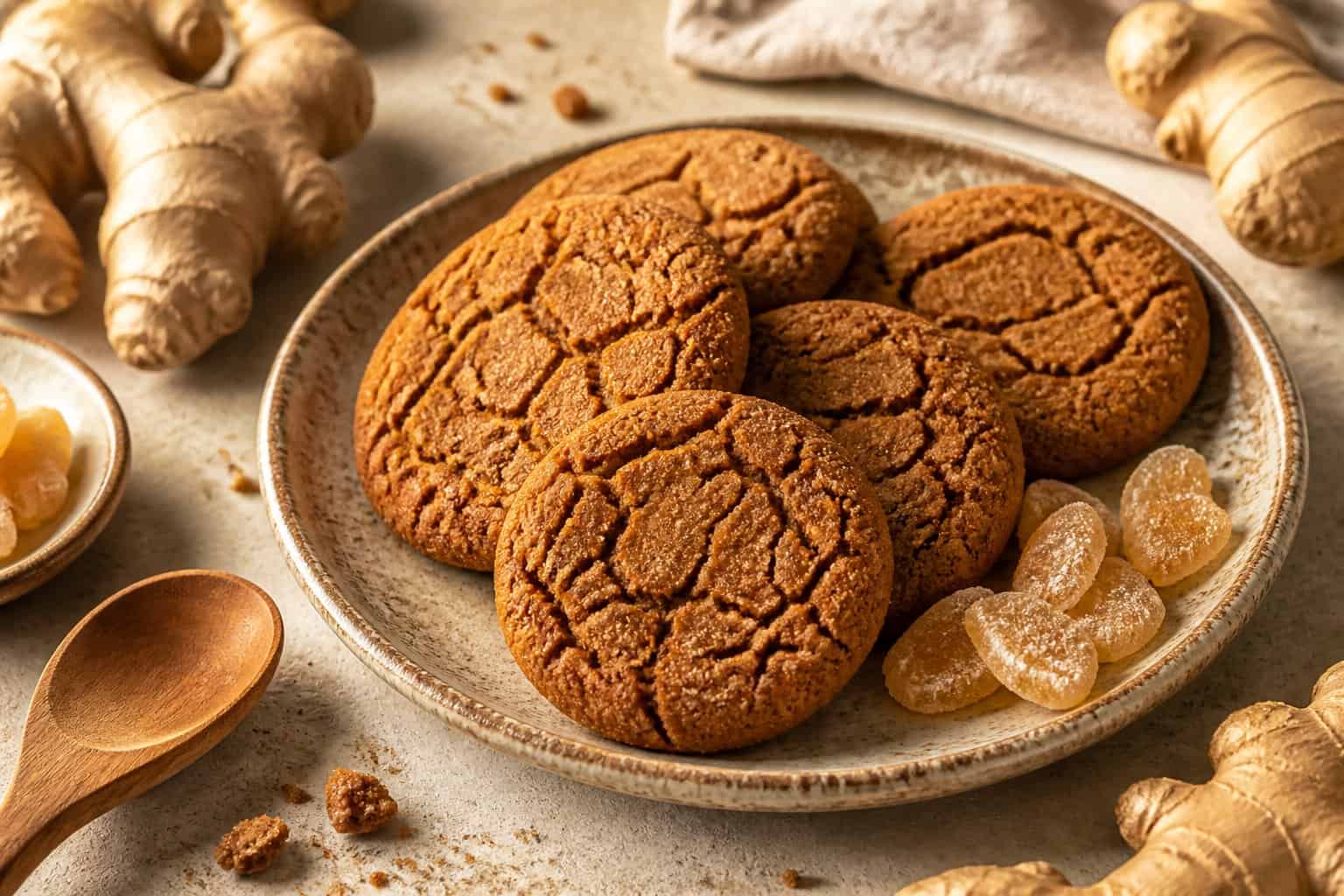 Golden-brown ginger snap cookies arranged on a plate with ginger root and crystallized ginger nearby.