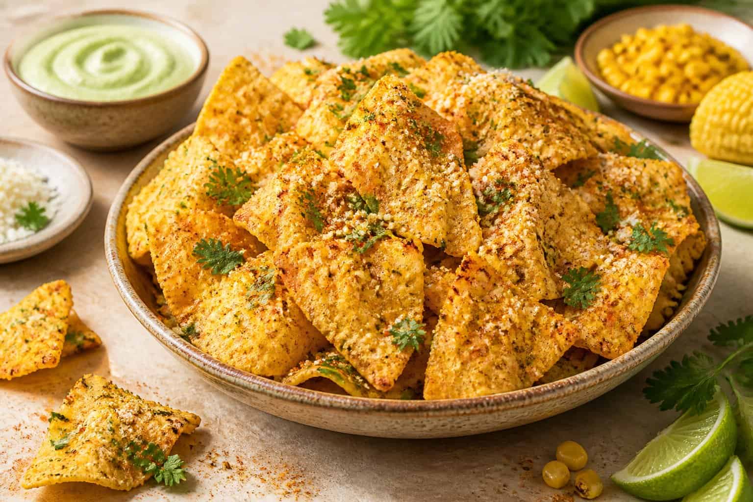 A bowl of seasoned corn chips with lime, cheese, cilantro, and dipping sauce.