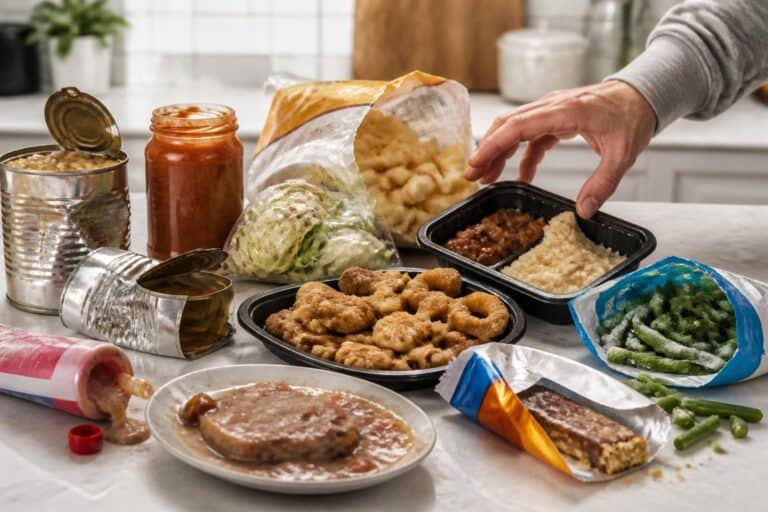An assortment of unappealing packaged foods and beverages arranged on a kitchen countertop.