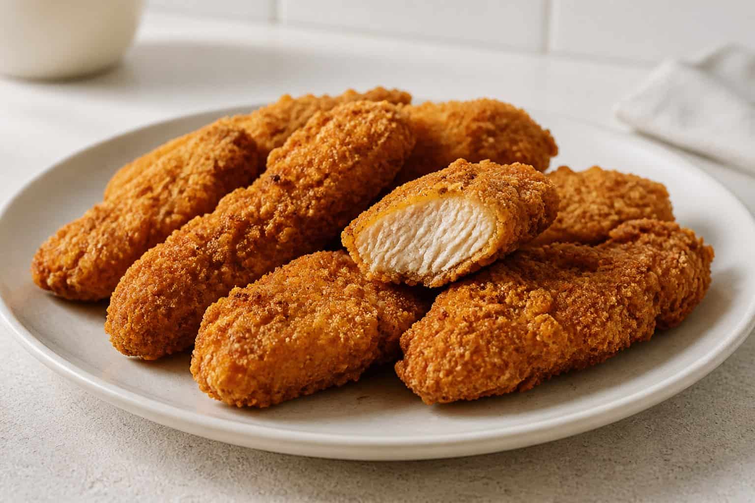 A plate of golden-brown chickenless crispy tenders, including one cut open to show its interior.