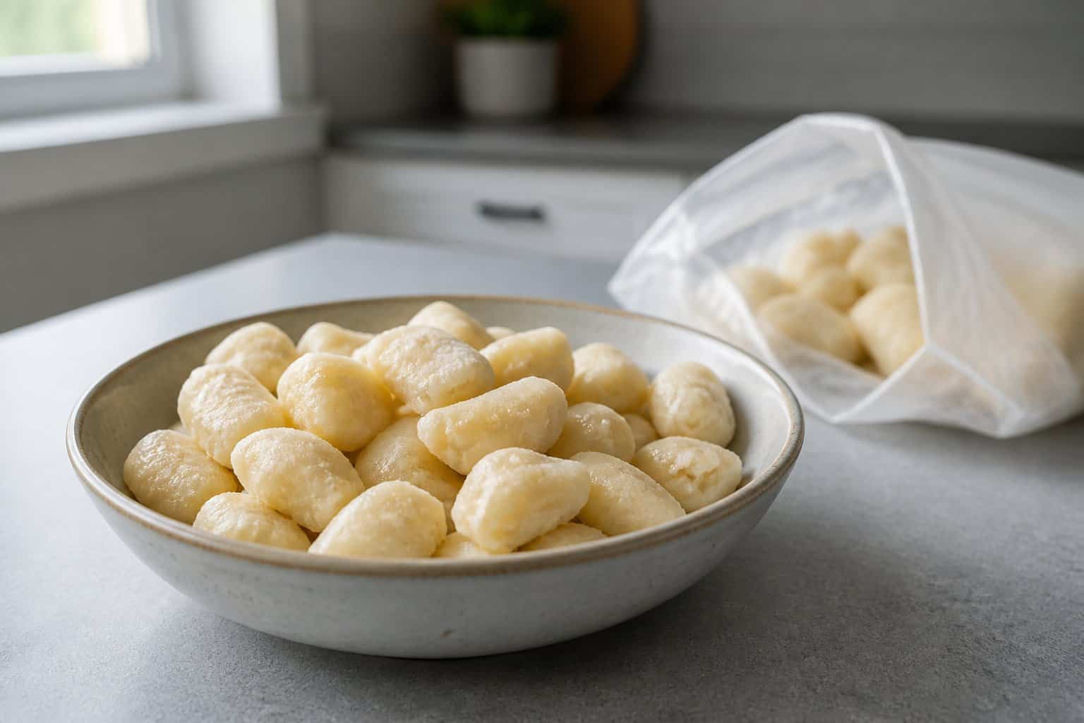 A bowl of pale cauliflower gnocchi sits on a kitchen counter beside an open freezer bag.