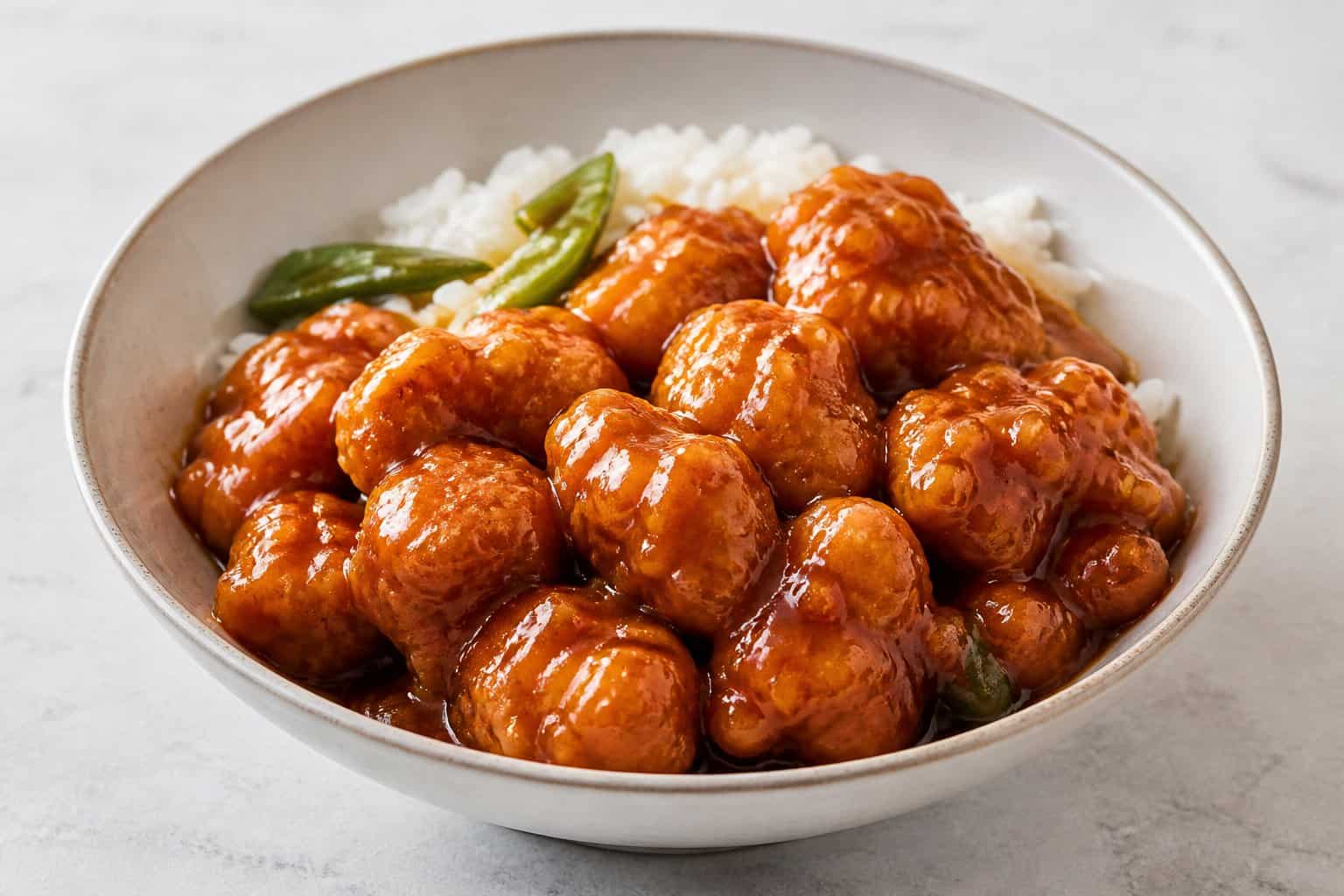 A bowl of heavily sauced orange chicken served with white rice and green vegetables.