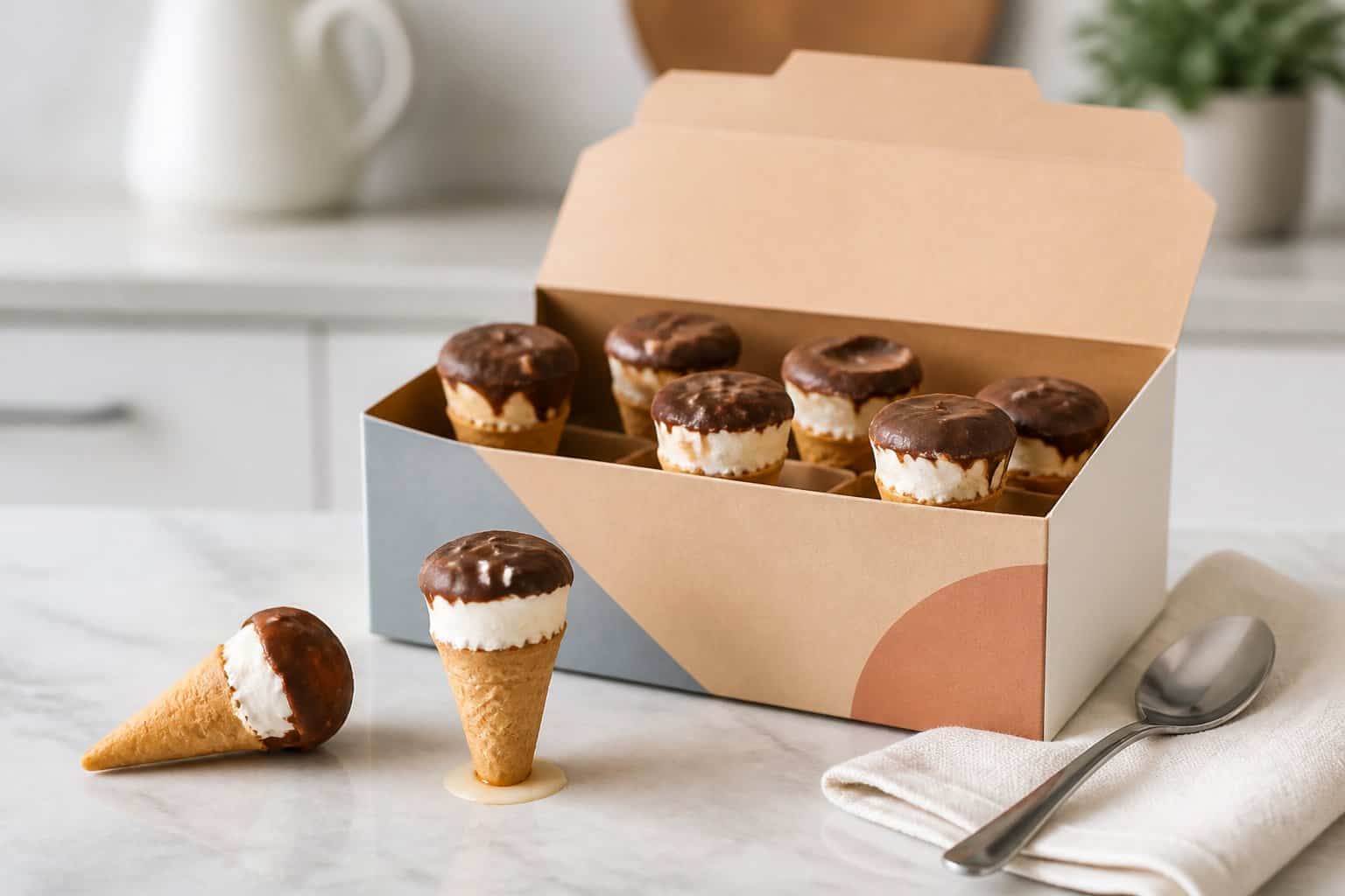 Mini ice cream cones in an open package on a kitchen counter.