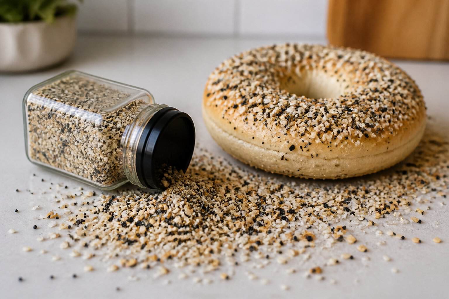 A seasoning jar lies beside a bagel covered with scattered seeds and dried onion and garlic pieces.