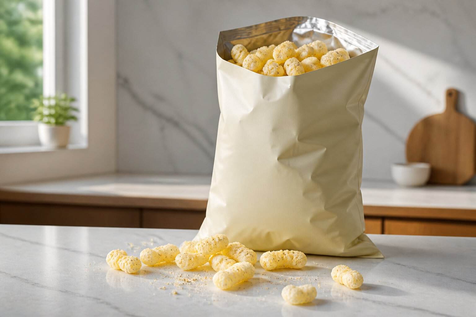 An open bag of cheese puffs with several puffs scattered on a kitchen countertop.