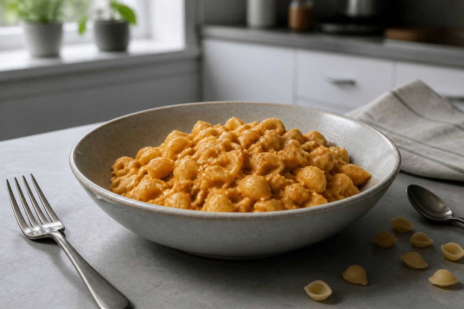 A bowl of pale vegan macaroni and cheese sits on a kitchen table beside a fork and spoon.