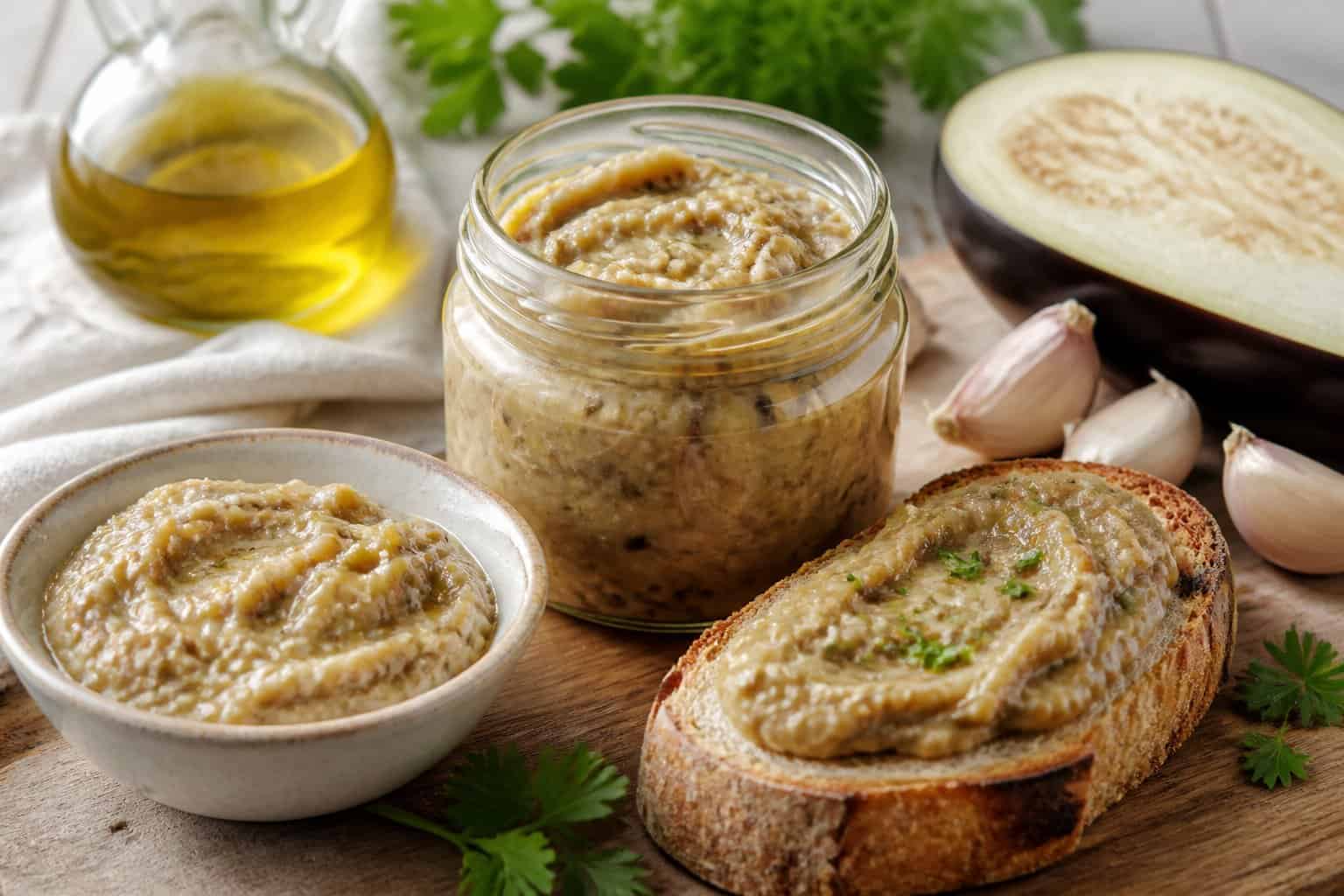 An open jar and bowl of creamy roasted eggplant garlic spread beside toasted bread and fresh ingredients.