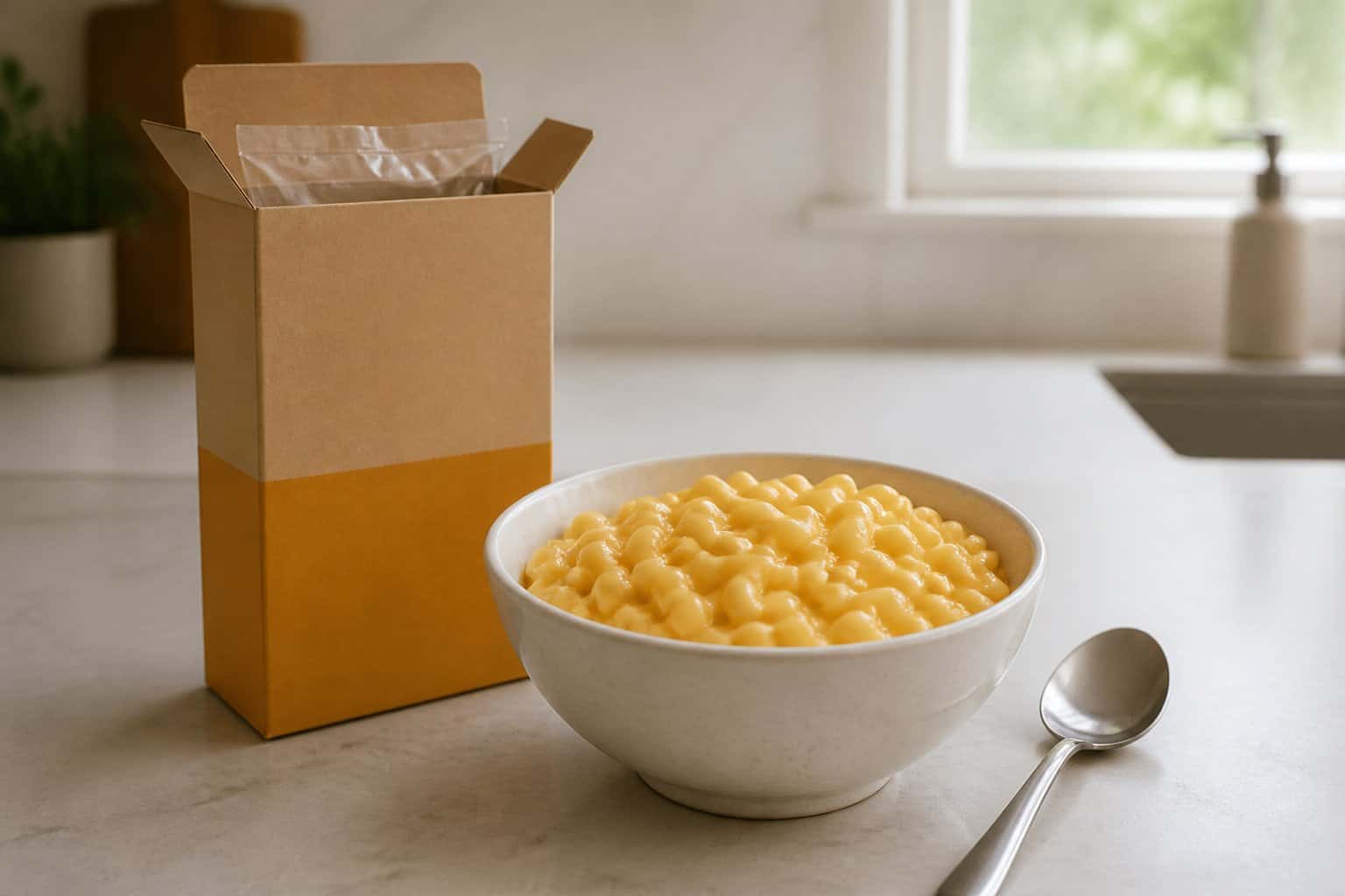 A bowl of macaroni and cheese beside a plain unbranded box on a kitchen counter.