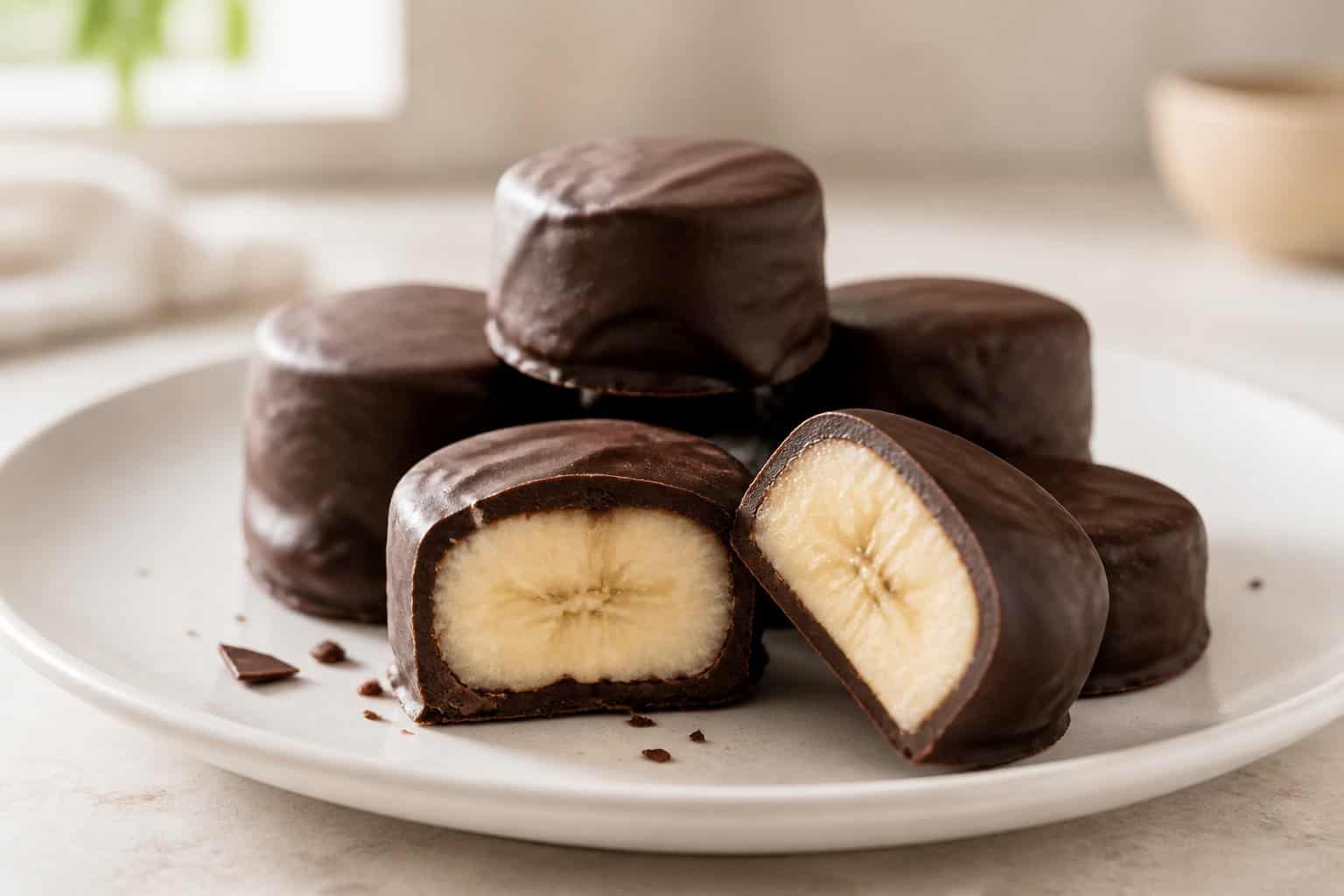 Chocolate-covered banana slices arranged on a white plate.