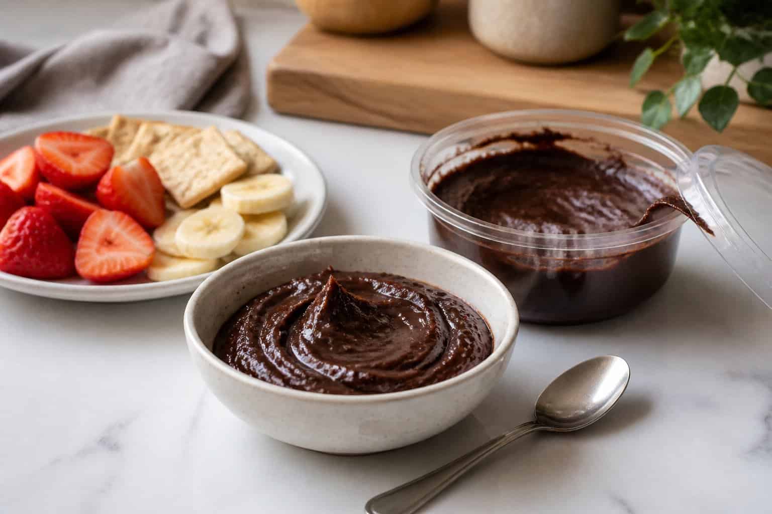 A bowl of dark chocolate hummus with fruit, crackers, and a spoon on a kitchen counter.