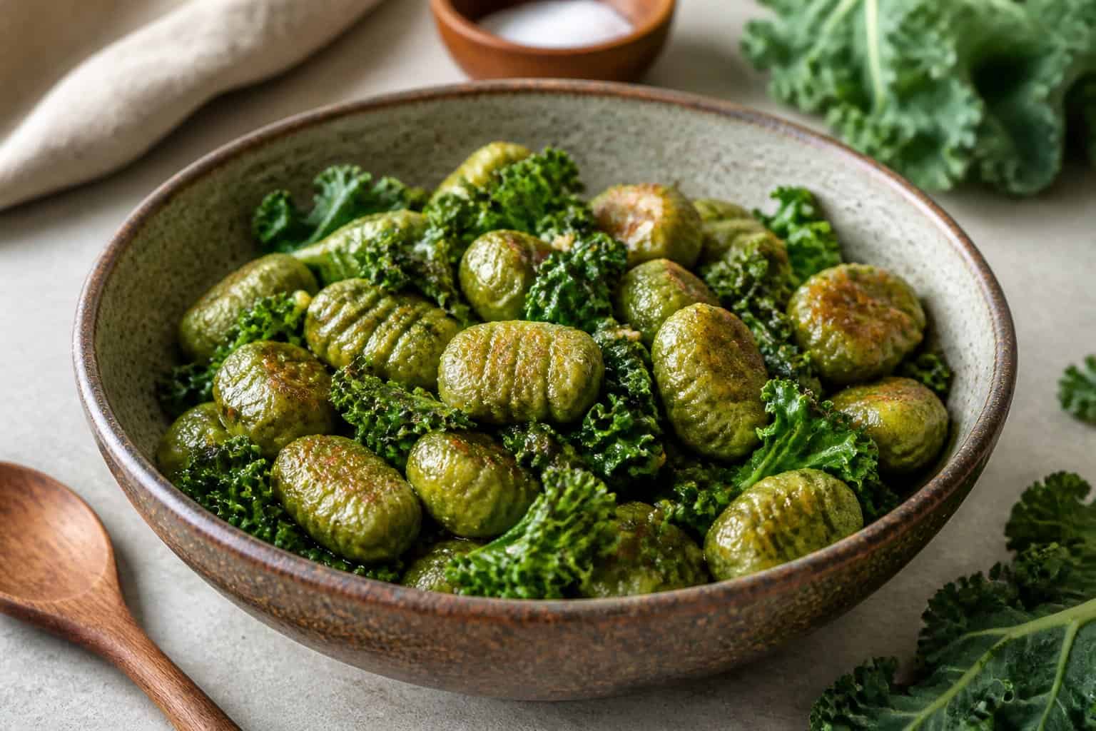 A bowl of green kale gnocchi with fresh kale leaves on a kitchen table.