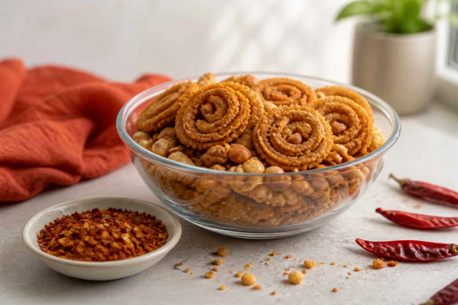 A bowl of golden spiral snack pieces with chili flakes and crumbs on a neutral tabletop.
