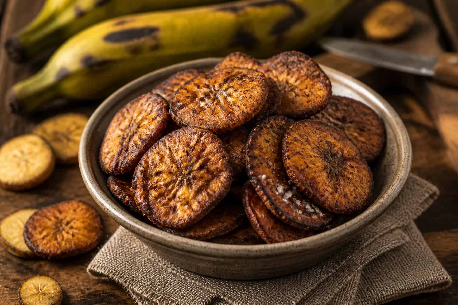 A bowl of seasoned plantain chips with whole plantains in the background.
