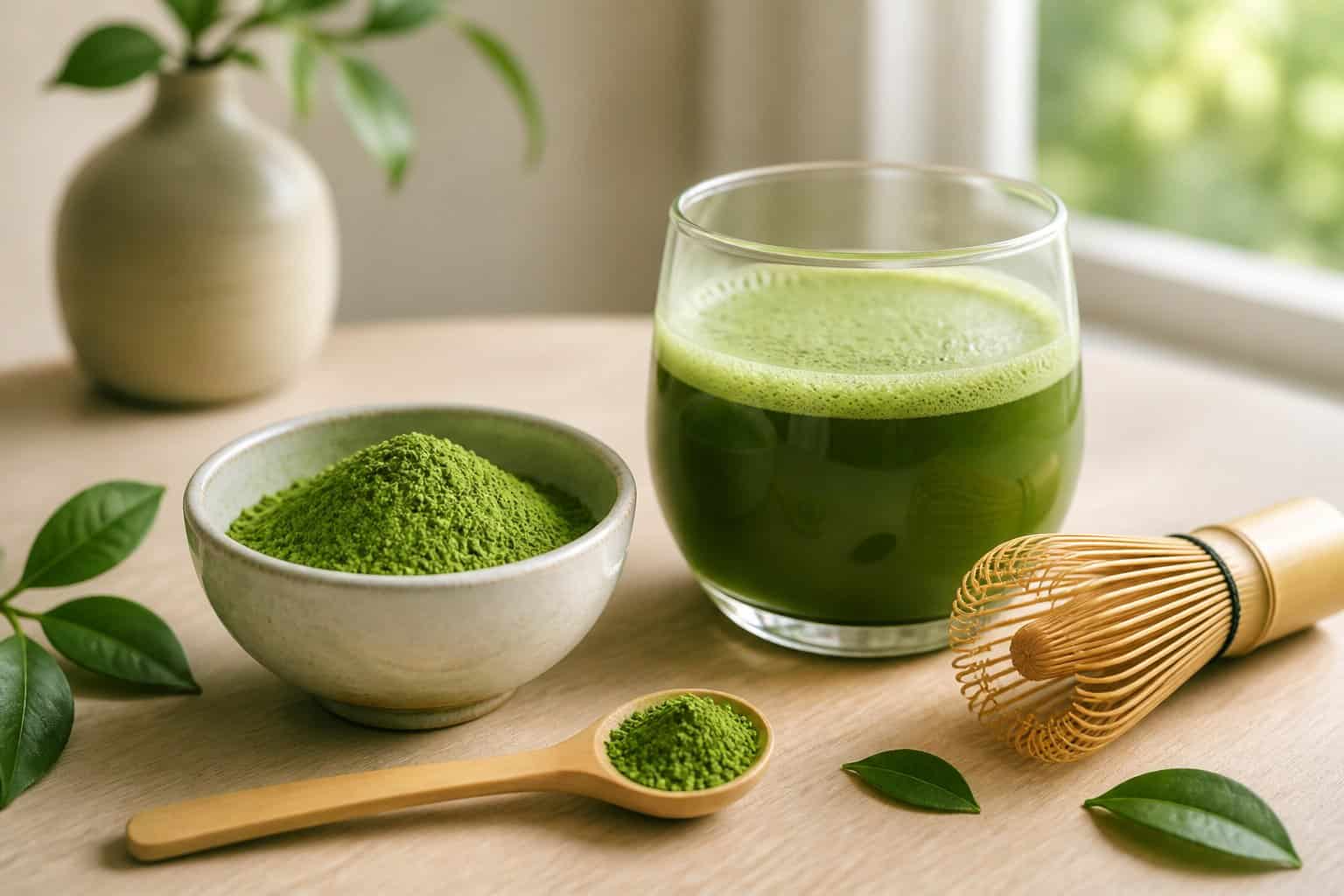 A bowl of green matcha powder and a glass of matcha tea beside a bamboo whisk.