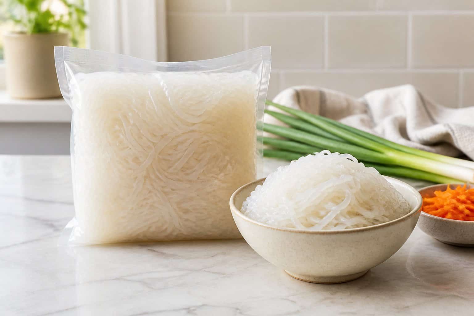 A package of tofu shirataki noodles beside a bowl of prepared noodles on a kitchen counter.