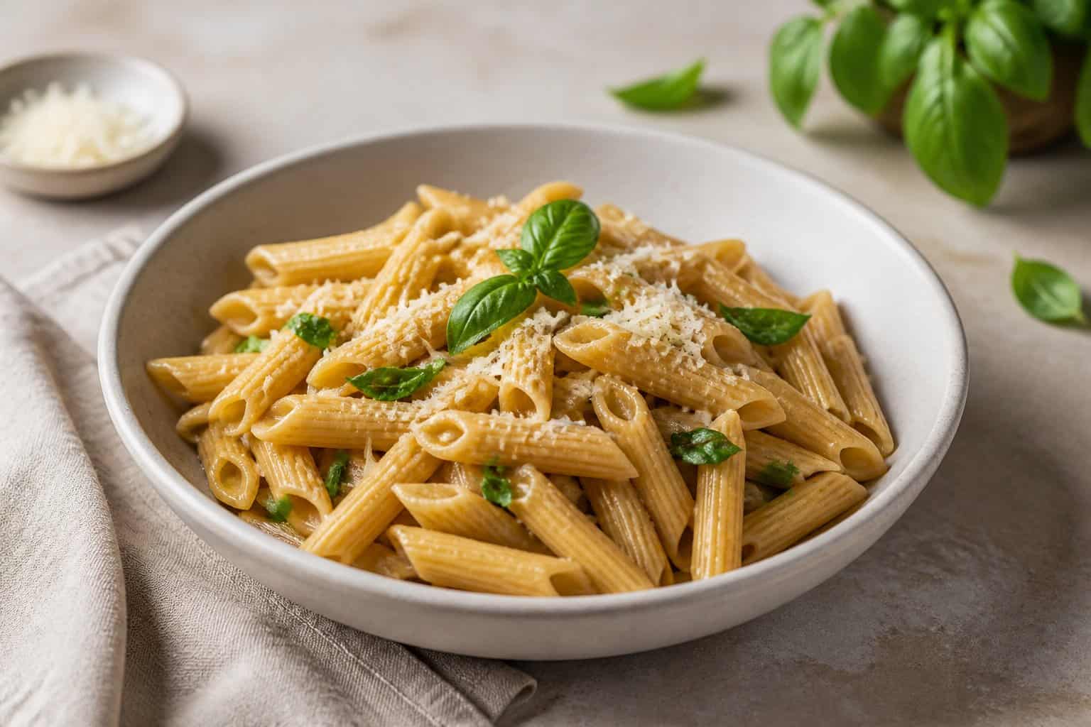A bowl of cooked brown rice penne pasta with basil and grated cheese on a kitchen table.