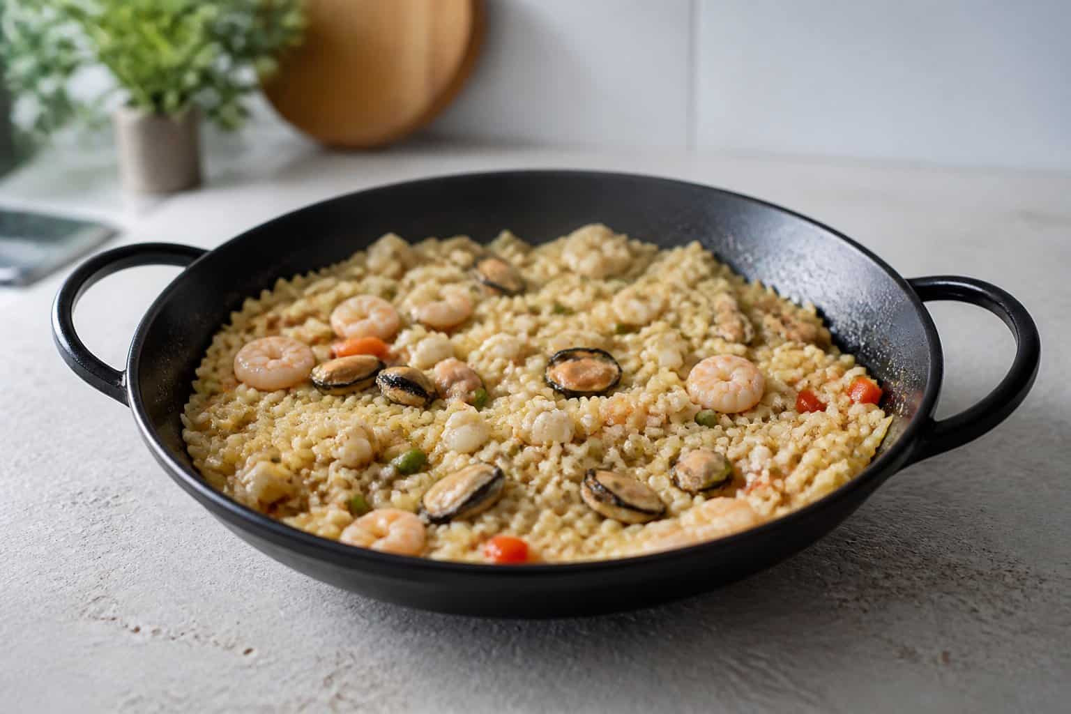 A skillet of pale seafood paella with sparse shrimp, mussels, and vegetables on a kitchen counter.