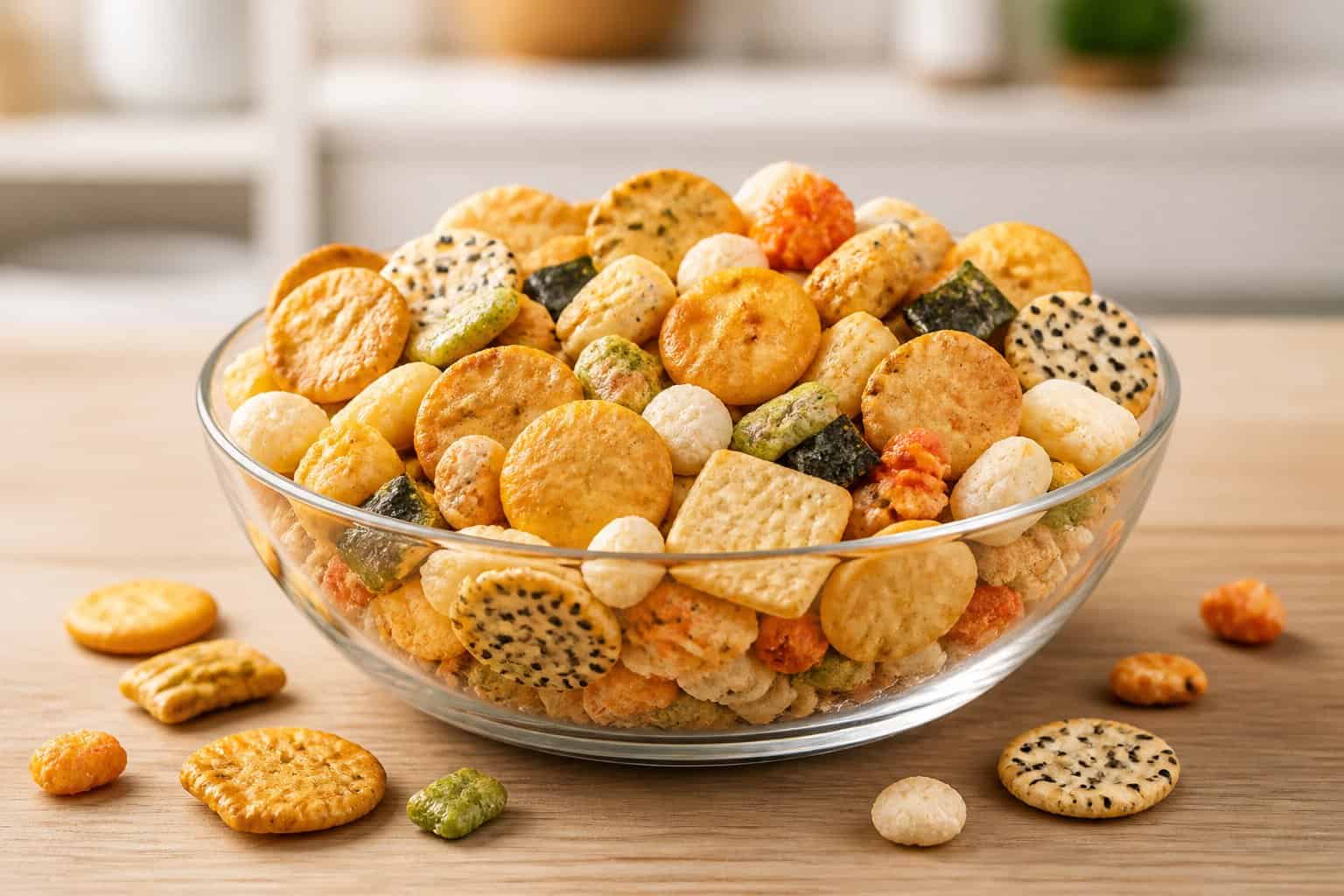 A bowl of assorted rice crackers on a light wood table with several crackers scattered nearby.