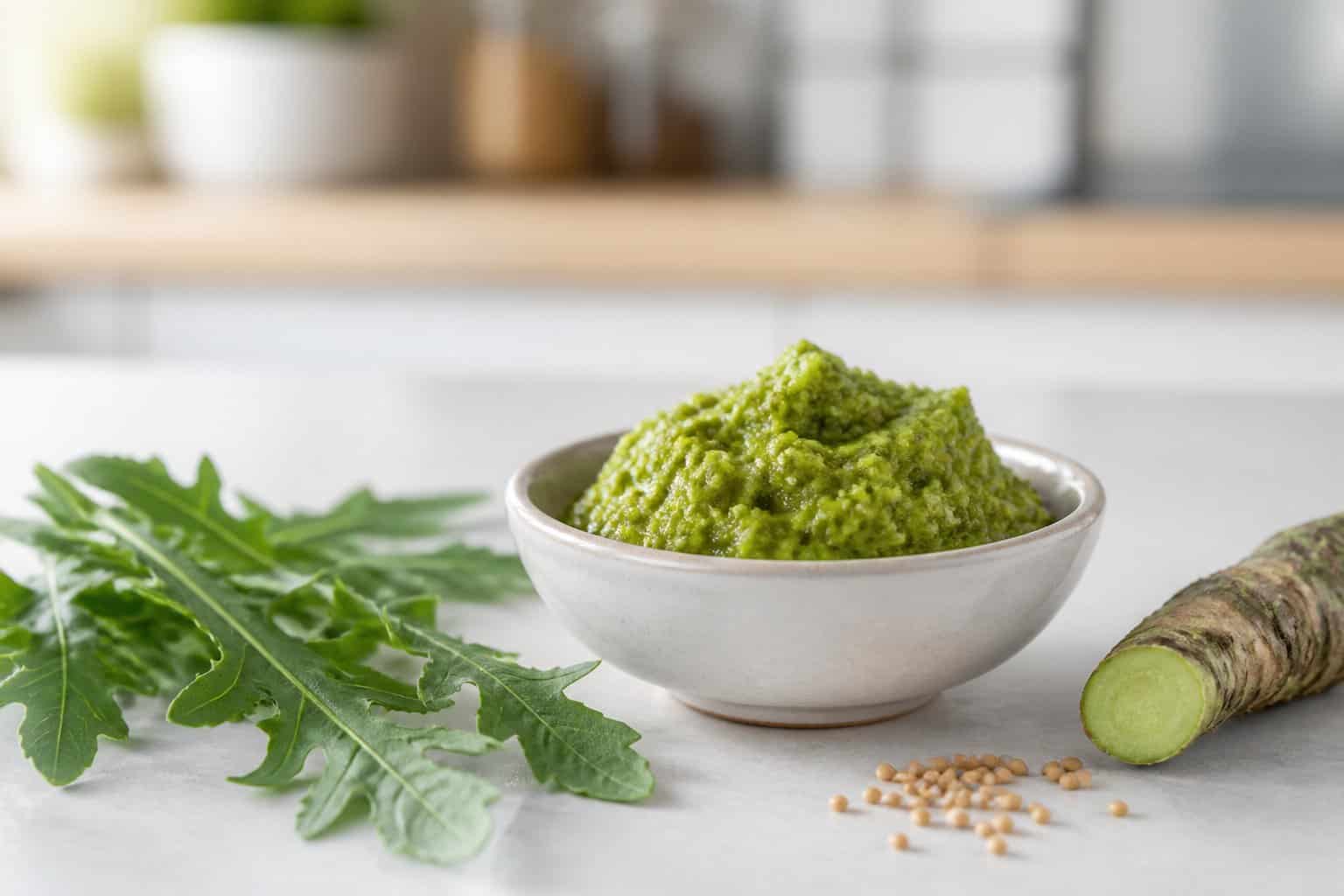 A bowl of green wasabi arugula mustard surrounded by arugula leaves, wasabi root, and mustard seeds on a kitchen countertop.