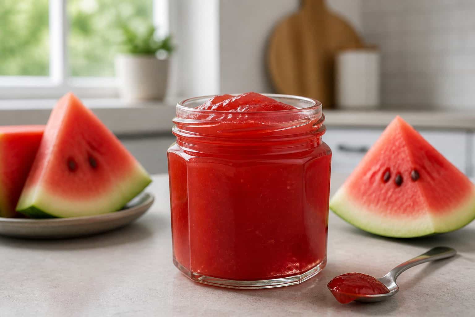 A jar of red watermelon fruit spread sits beside watermelon slices and a spoon on a kitchen counter.