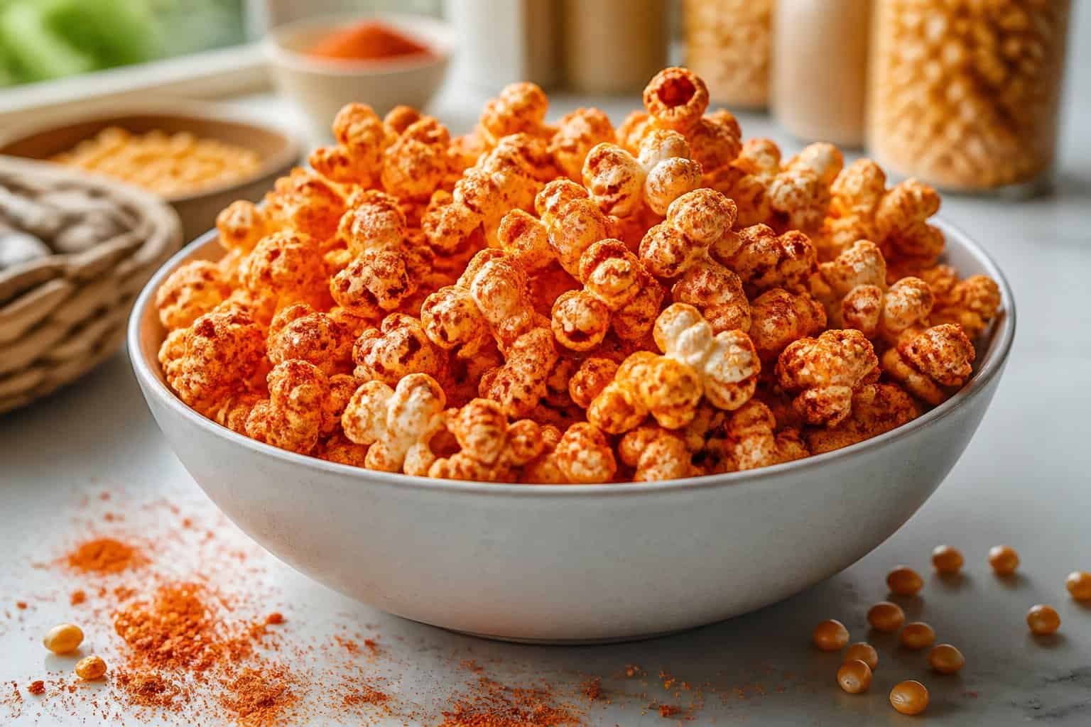 A bowl of heavily seasoned reddish-orange popcorn on a kitchen counter.