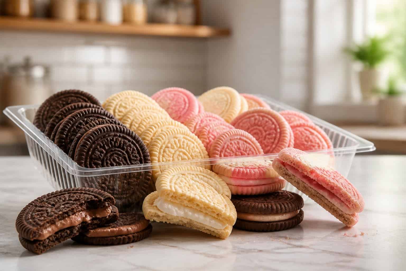 Chocolate, vanilla, and strawberry sandwich cookies arranged on a kitchen counter.