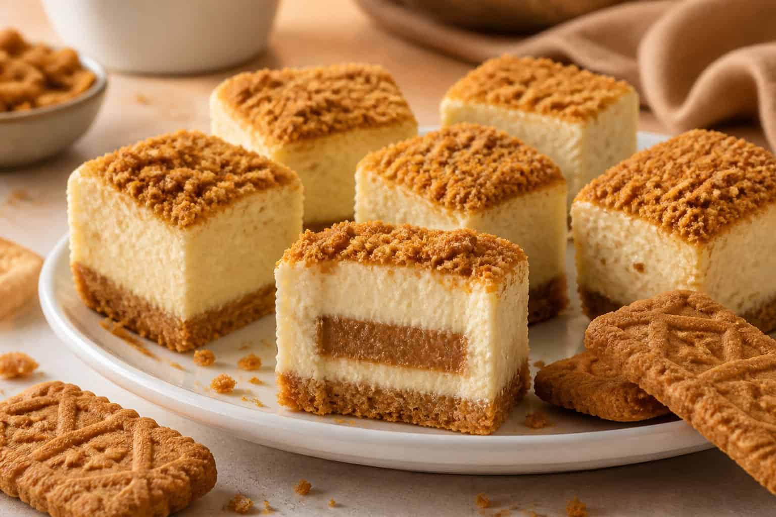 Small cookie butter cheesecake bites arranged on a white plate with crumbs and cookies nearby.