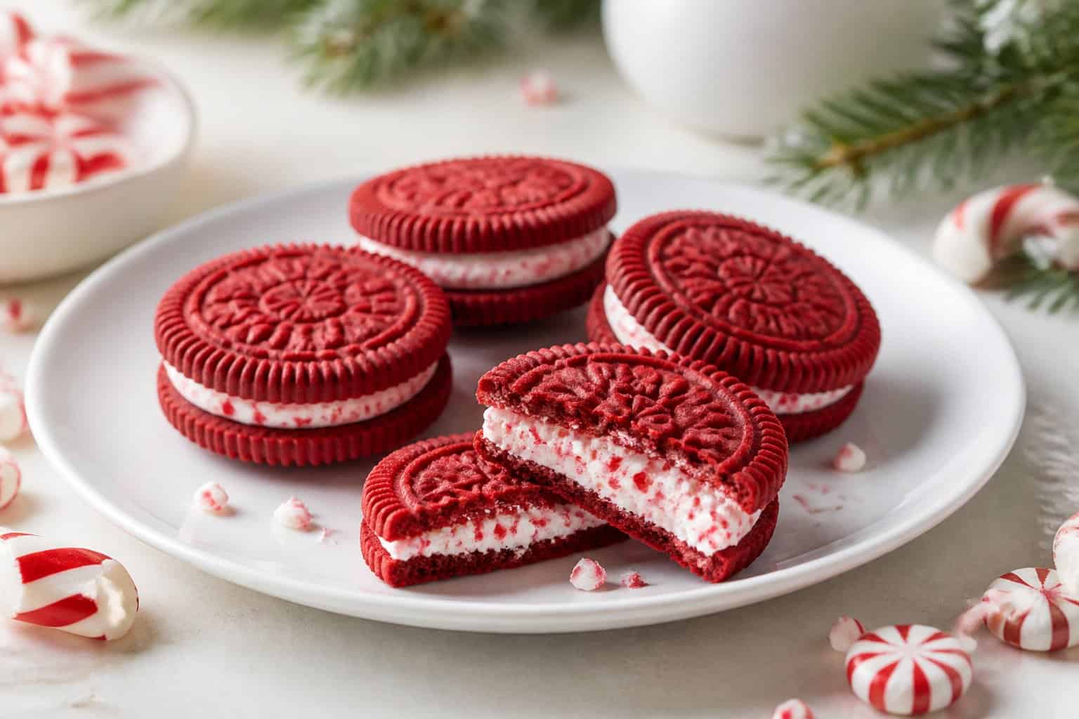 Red-and-white peppermint sandwich cookies on a white plate with candy cane pieces and evergreen sprigs.