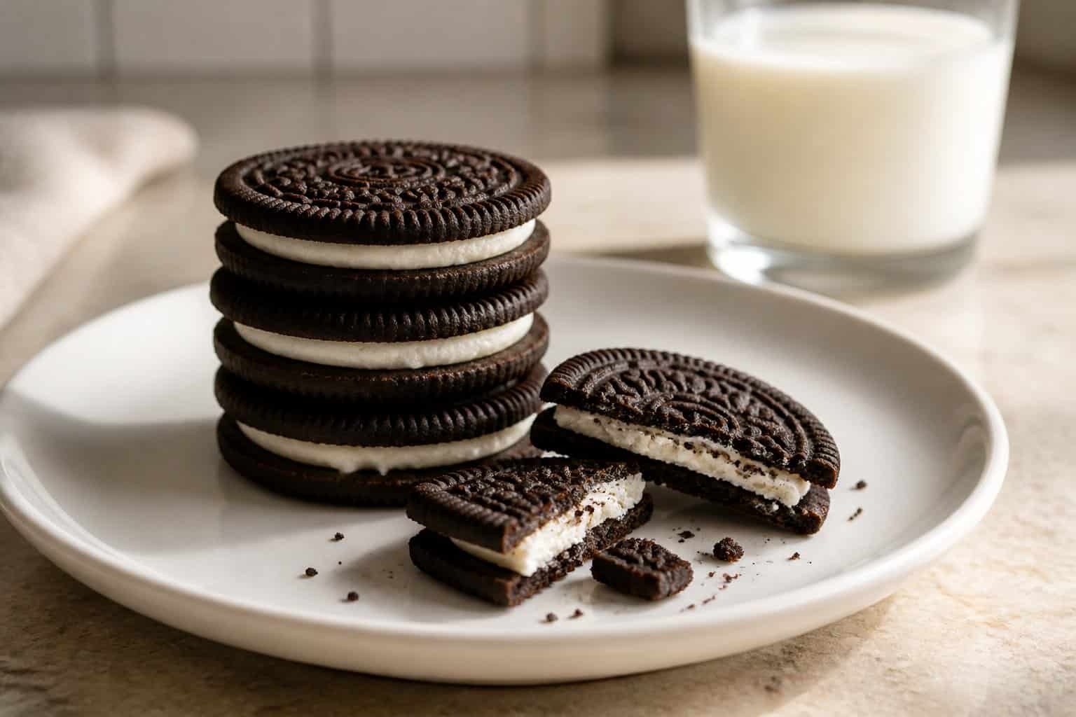 A stack of chocolate sandwich cookies with vanilla creme on a white plate beside a glass of milk.