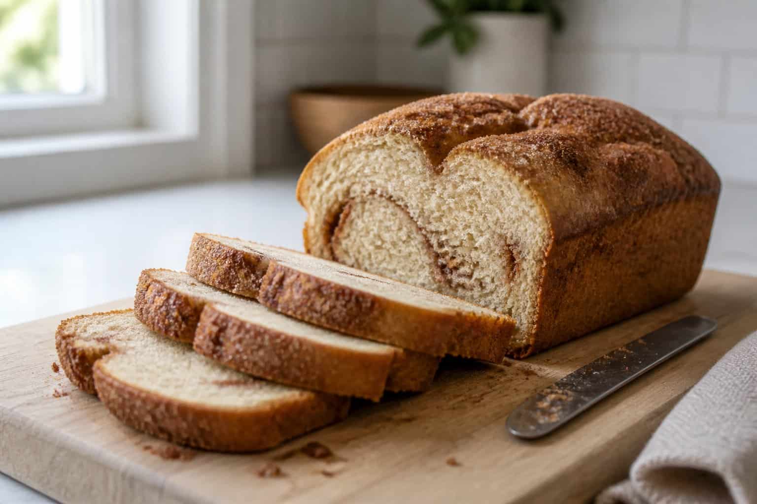 Sliced cinnamon sugar bread on a kitchen countertop with crumbs and a butter knife nearby.