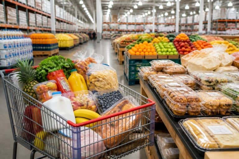 A shopping cart filled with assorted groceries in a bright warehouse-club food aisle.
