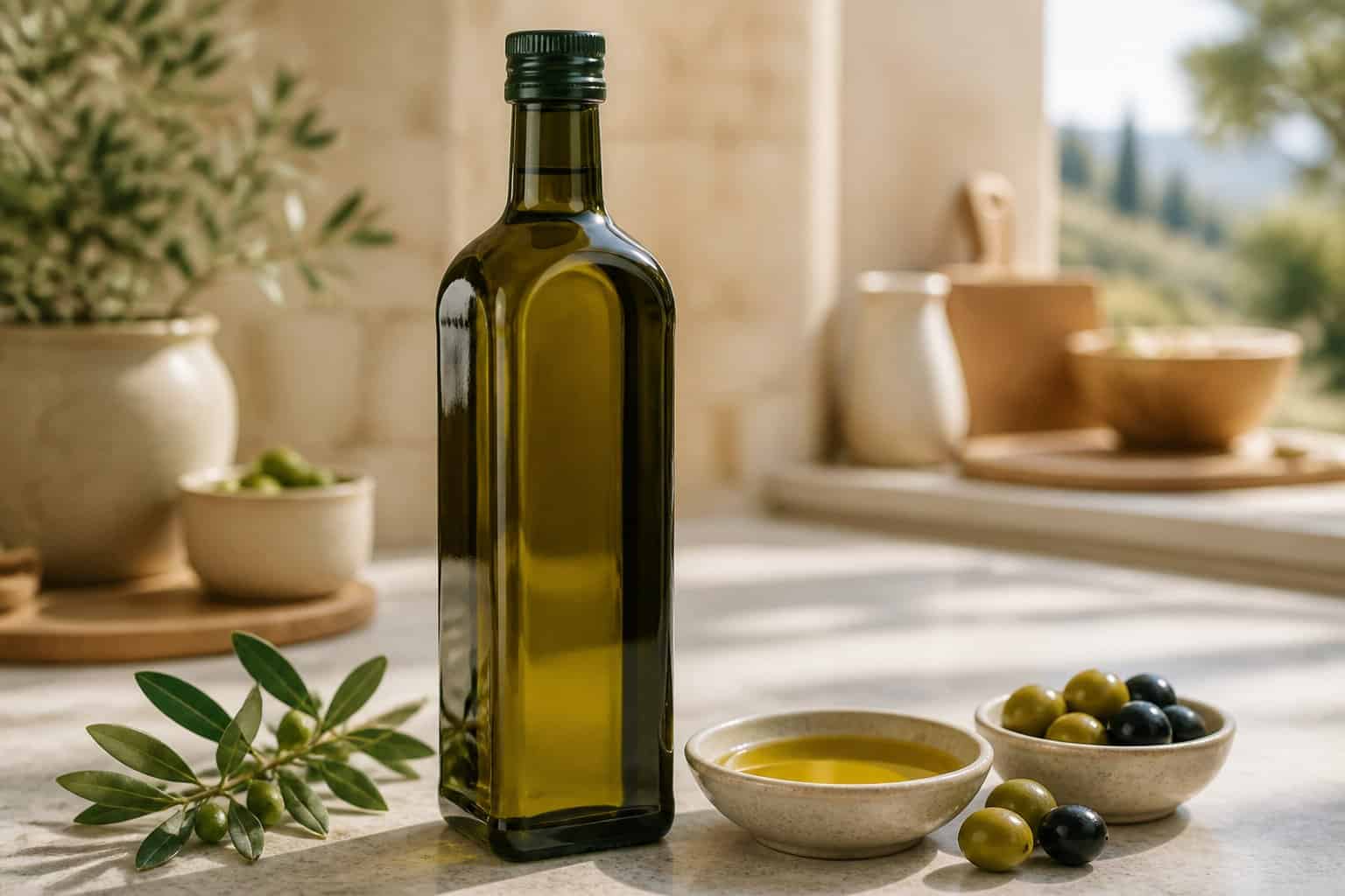 A bottle of extra virgin olive oil beside a bowl of olive oil and several olives on a kitchen countertop.