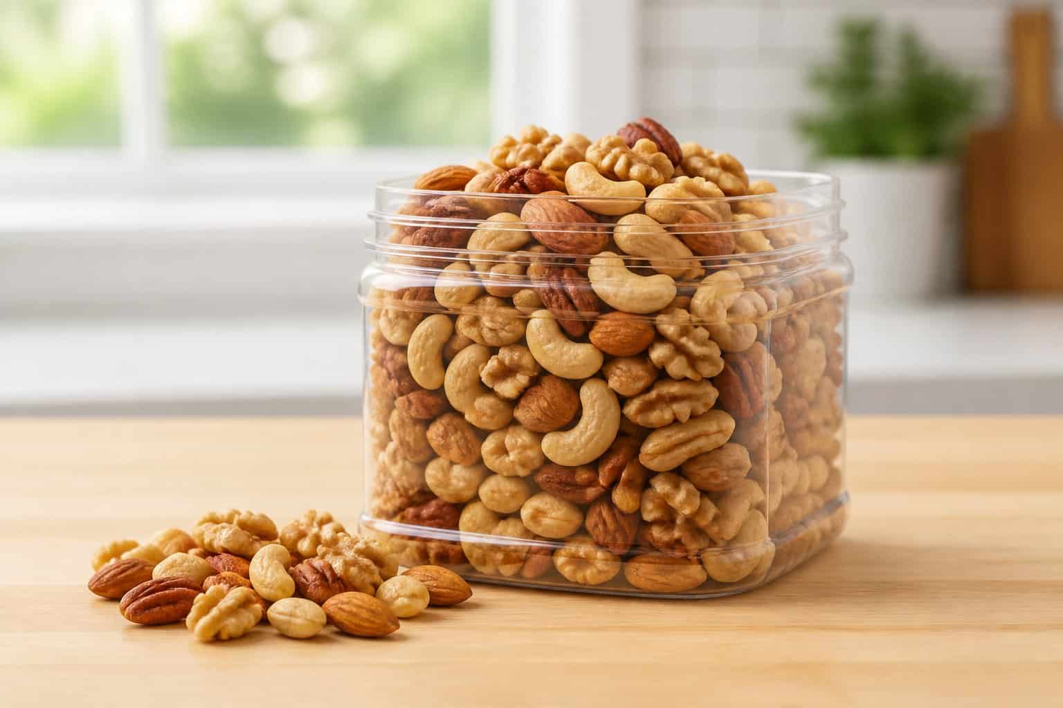 An open container of mixed nuts with a small handful of nuts on a kitchen countertop.