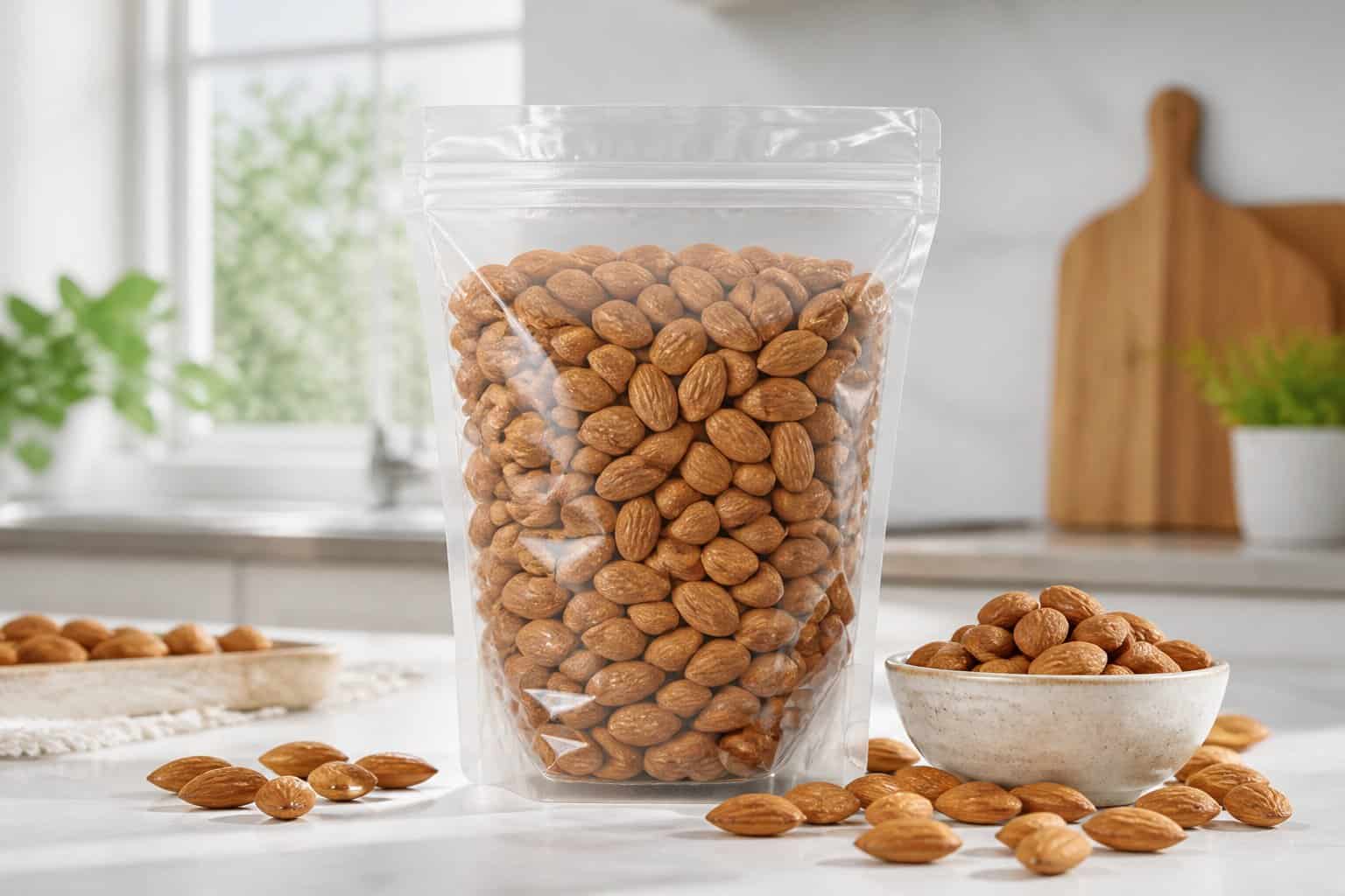 A resealable pouch of almonds beside a bowl and scattered whole almonds on a kitchen counter.